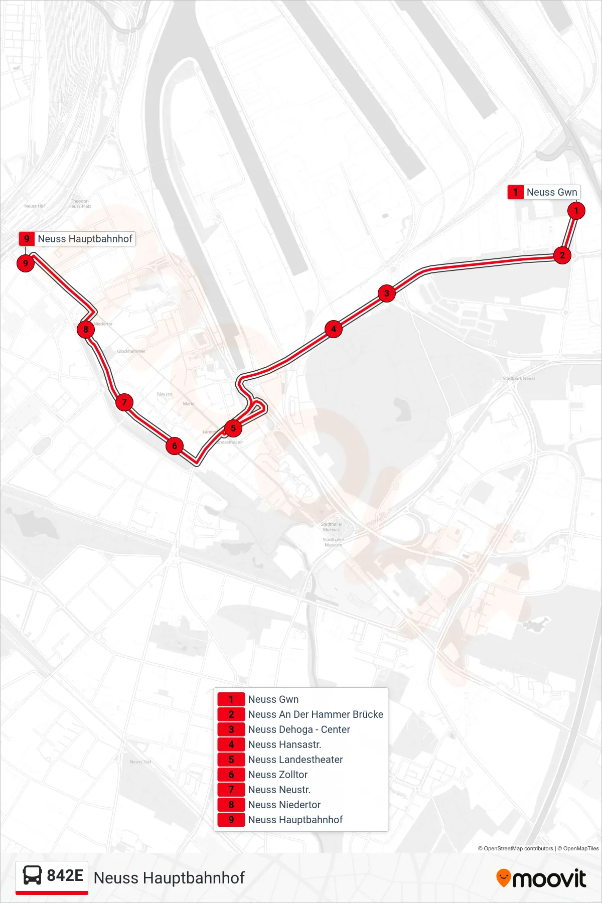 Linie 842E (Bus) Richtung Neuss Hauptbahnhof: Route und Haltestellen auf der Karte