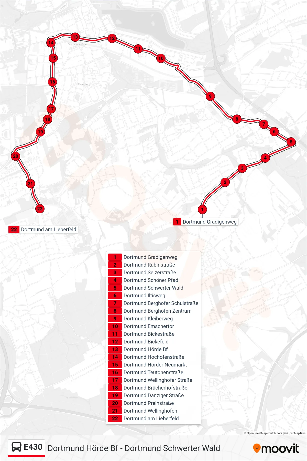 Linie E430 (Bus) Richtung Dortmund am Lieberfeld: Route und Haltestellen auf der Karte