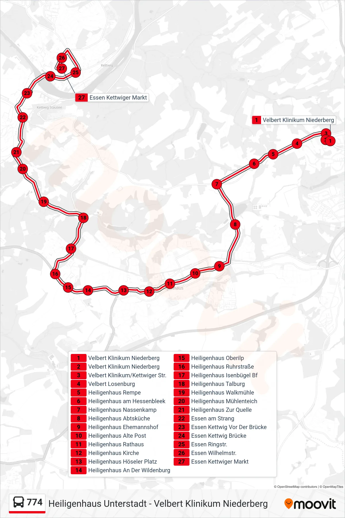 Linie 774 (Bus) Richtung Essen Kettwiger Markt: Route und Haltestellen auf der Karte