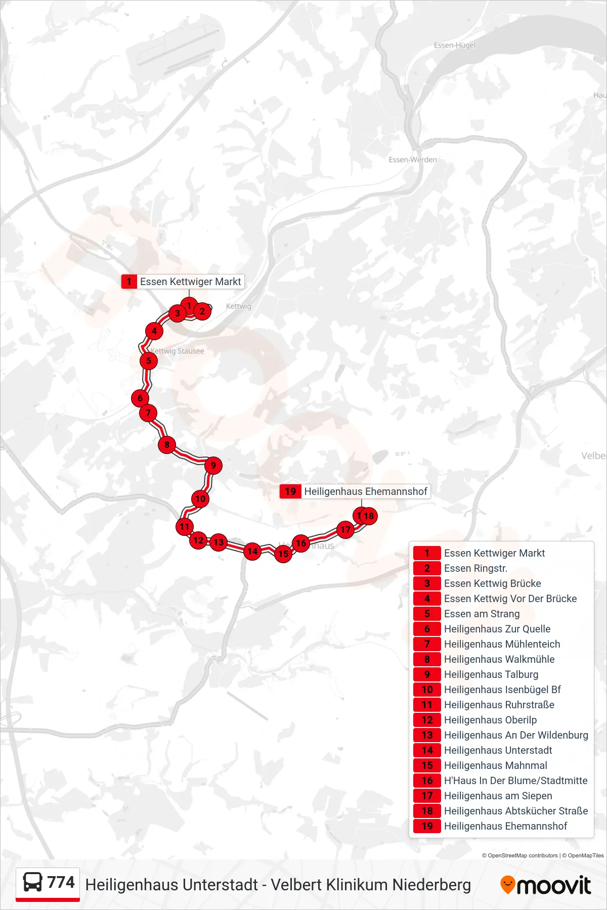 774 bus Line (Heiligenhaus Ehemannshof) route and stops on a map