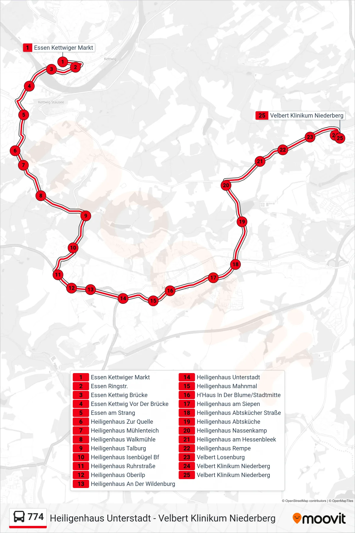 Linie 774 (Bus) Richtung Velbert Klinikum Niederberg: Route und Haltestellen auf der Karte