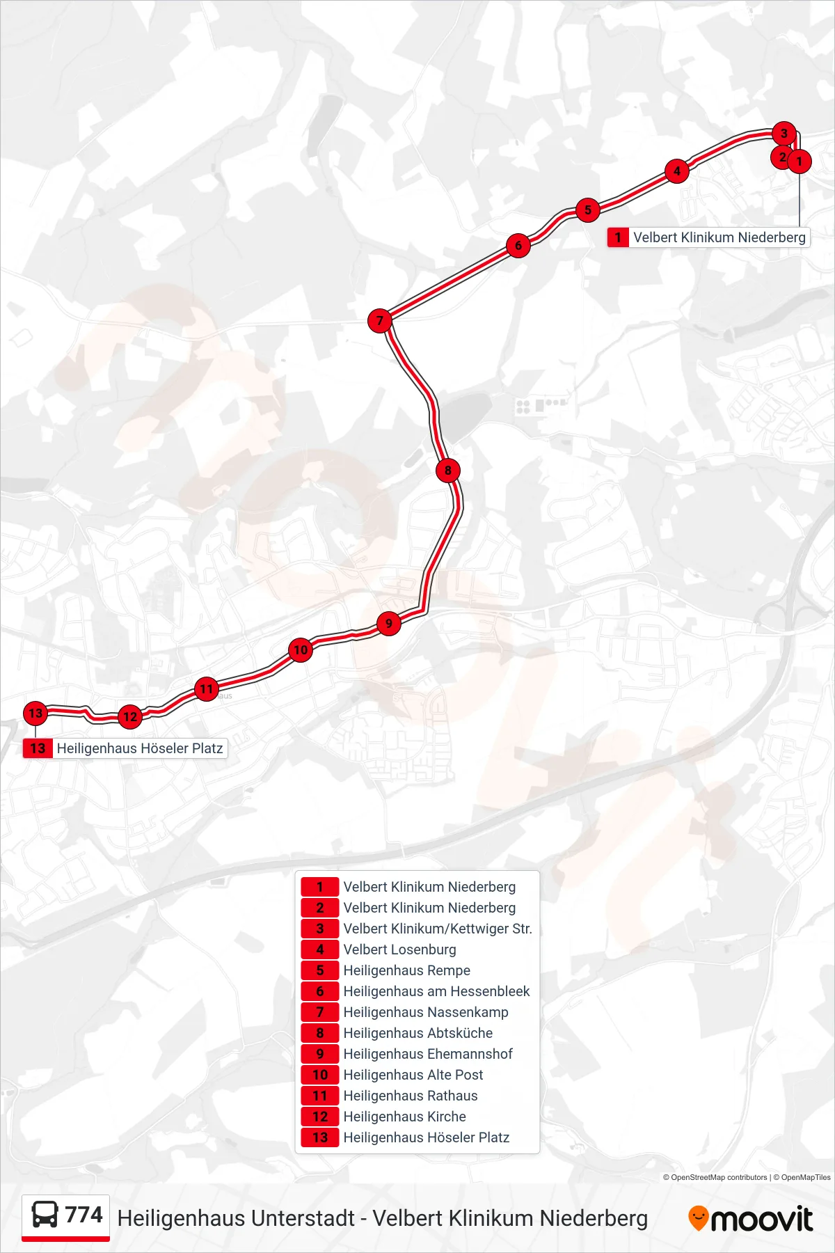 Linie 774 (Bus) Richtung Heiligenhaus Höseler Platz: Route und Haltestellen auf der Karte