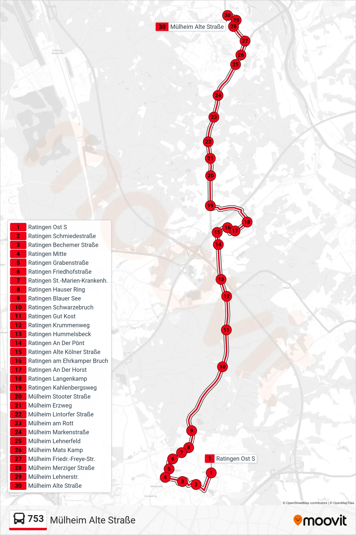 Linie 753 (Bus) Richtung Mülheim Alte Straße: Route und Haltestellen auf der Karte