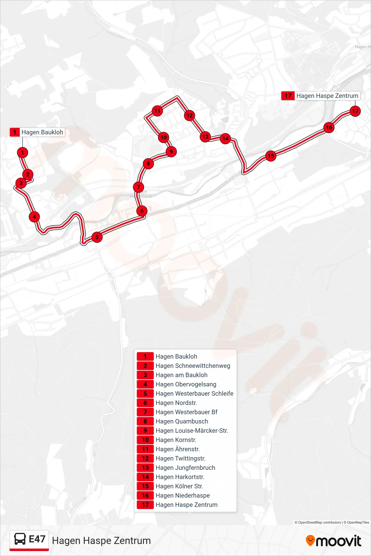 Linie E47 (Bus) Richtung Hagen Haspe Zentrum: Route und Haltestellen auf der Karte