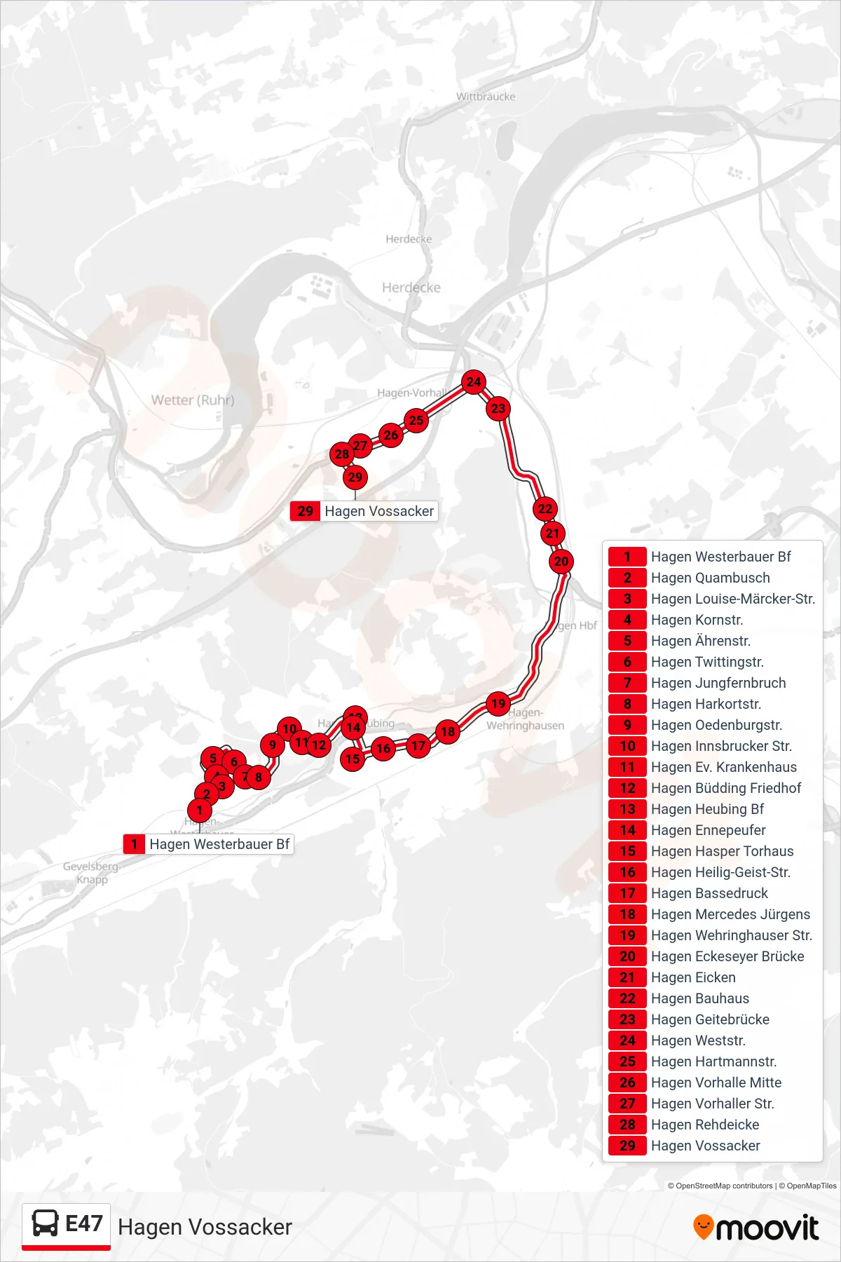 Linie E47 (Bus) Richtung Hagen Vossacker: Route und Haltestellen auf der Karte