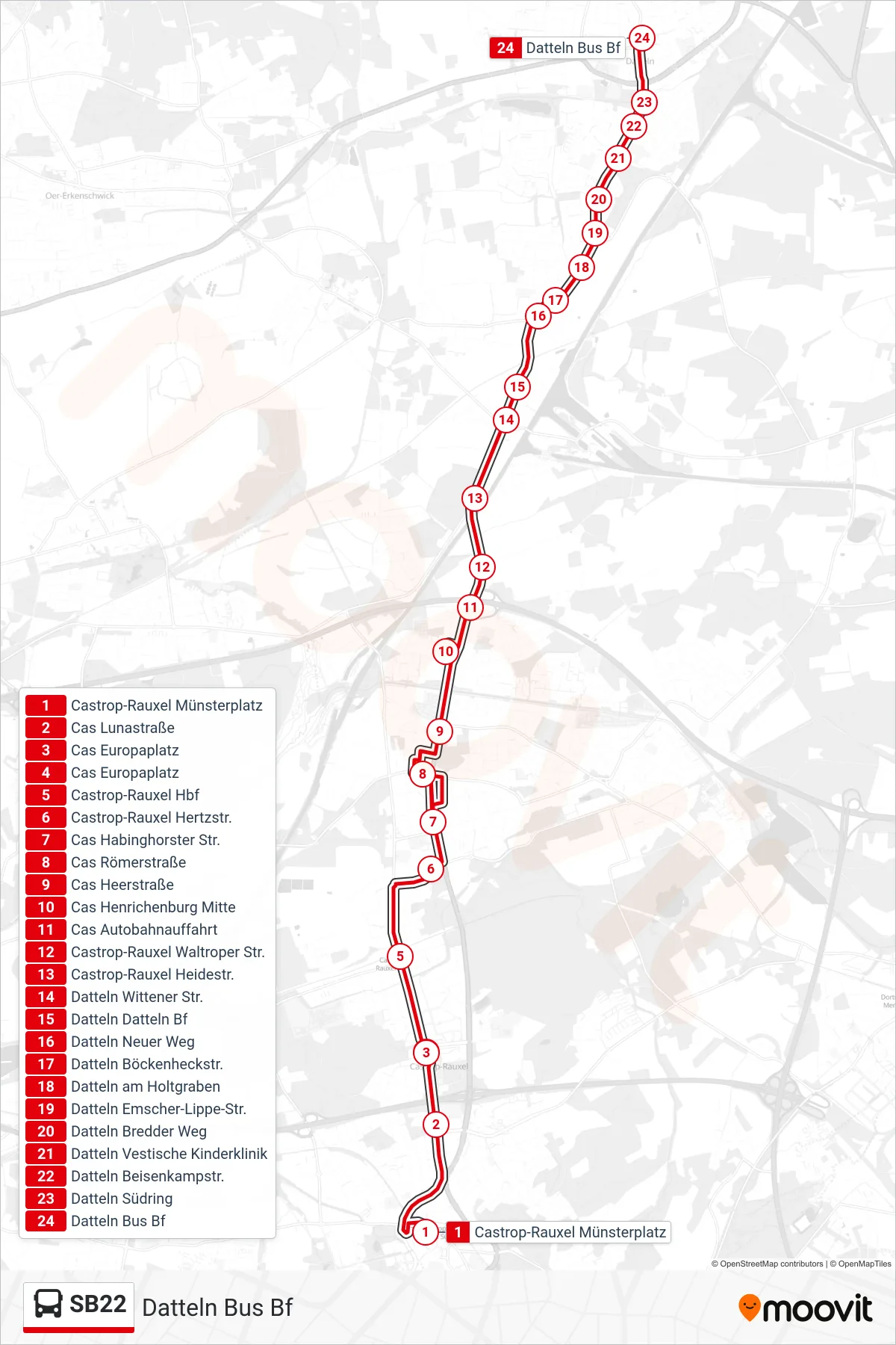 SB22 bus Line (Datteln Bus Bf) route and stops on a map
