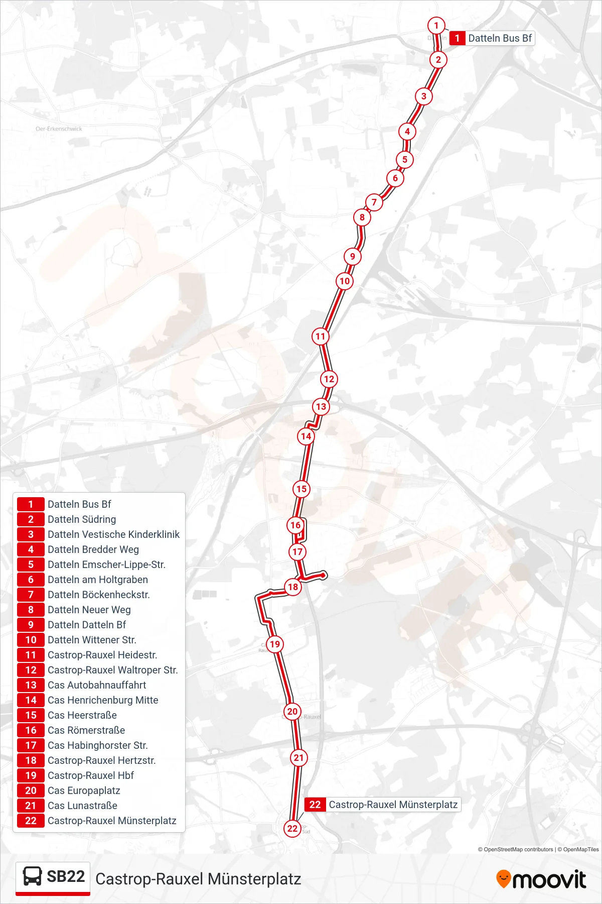SB22 bus Line (Castrop-Rauxel Münsterplatz) route and stops on a map