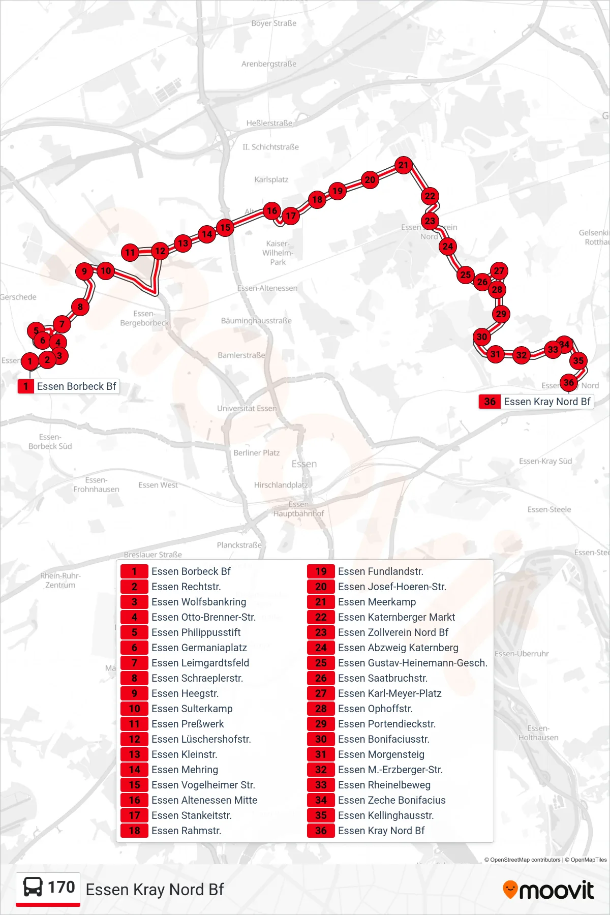 Linie 170 (Bus) Richtung Essen Kray Nord Bf: Route und Haltestellen auf der Karte