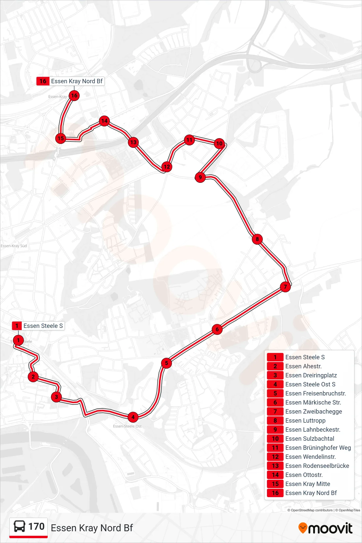 170 bus Line (Essen Kray Nord Bf) route and stops on a map