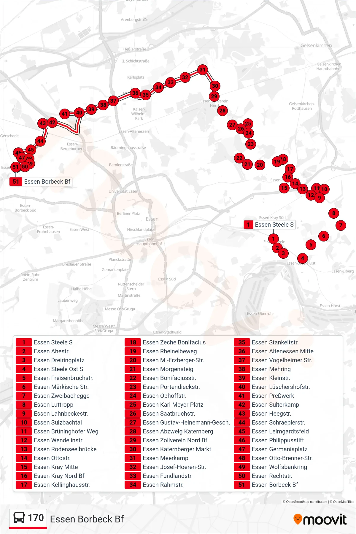 Linie 170 (Bus) Richtung Essen Borbeck Bf: Route und Haltestellen auf der Karte