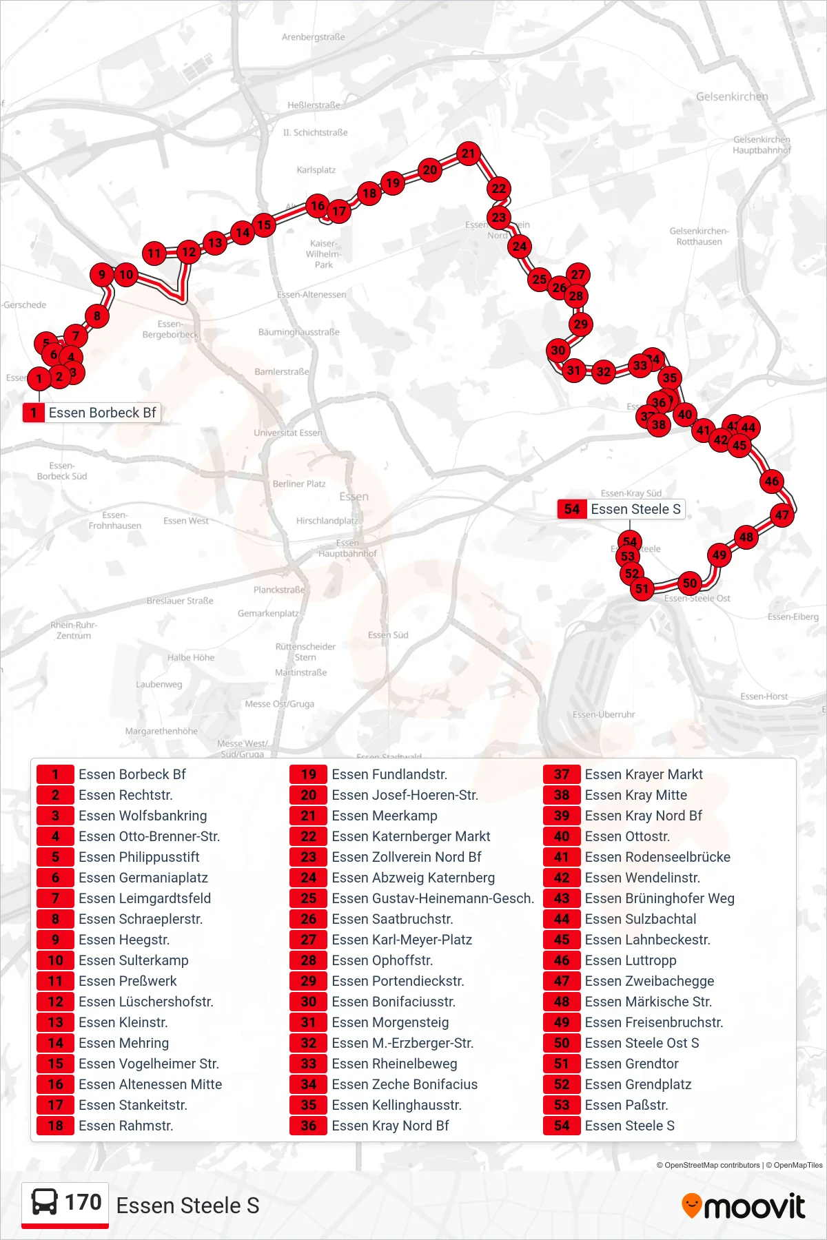 Linie 170 (Bus) Richtung Essen Steele S: Route und Haltestellen auf der Karte