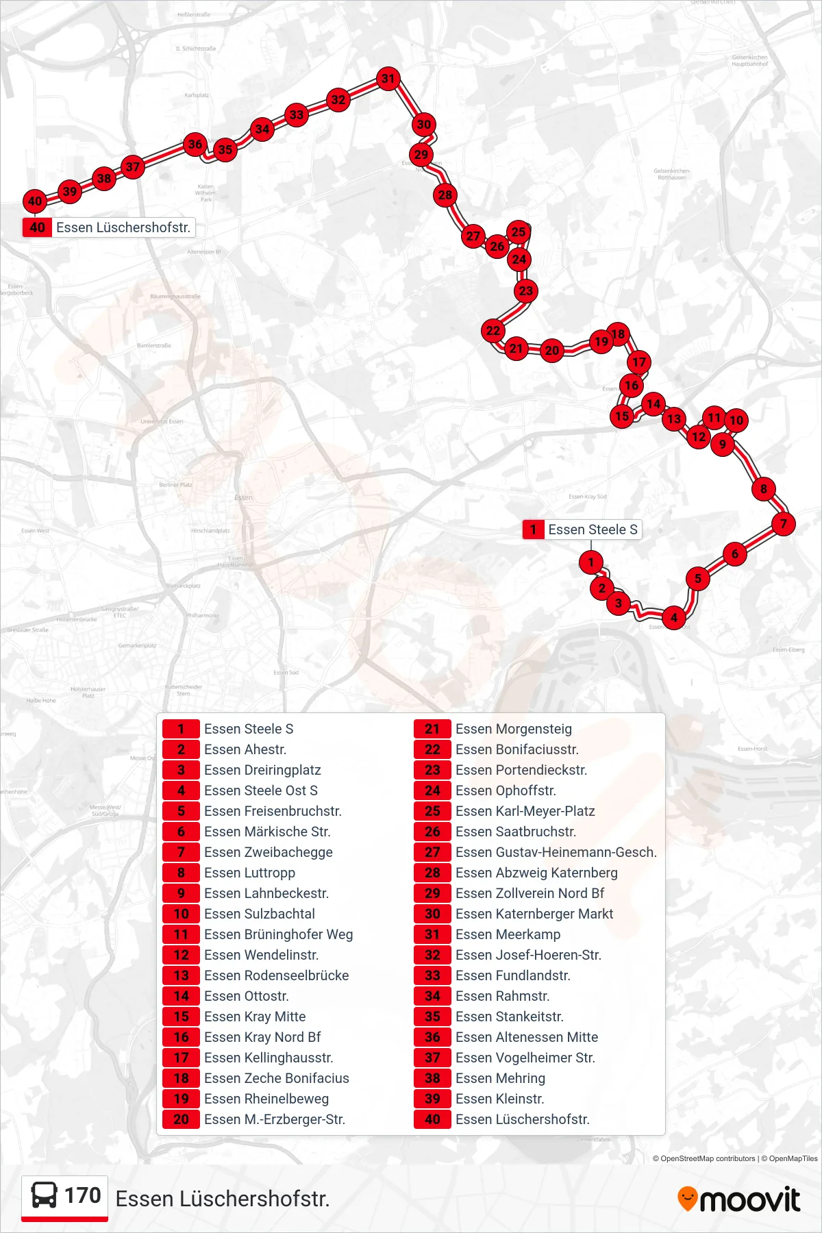 Linie 170 (Bus) Richtung Essen Lüschershofstr.: Route und Haltestellen auf der Karte