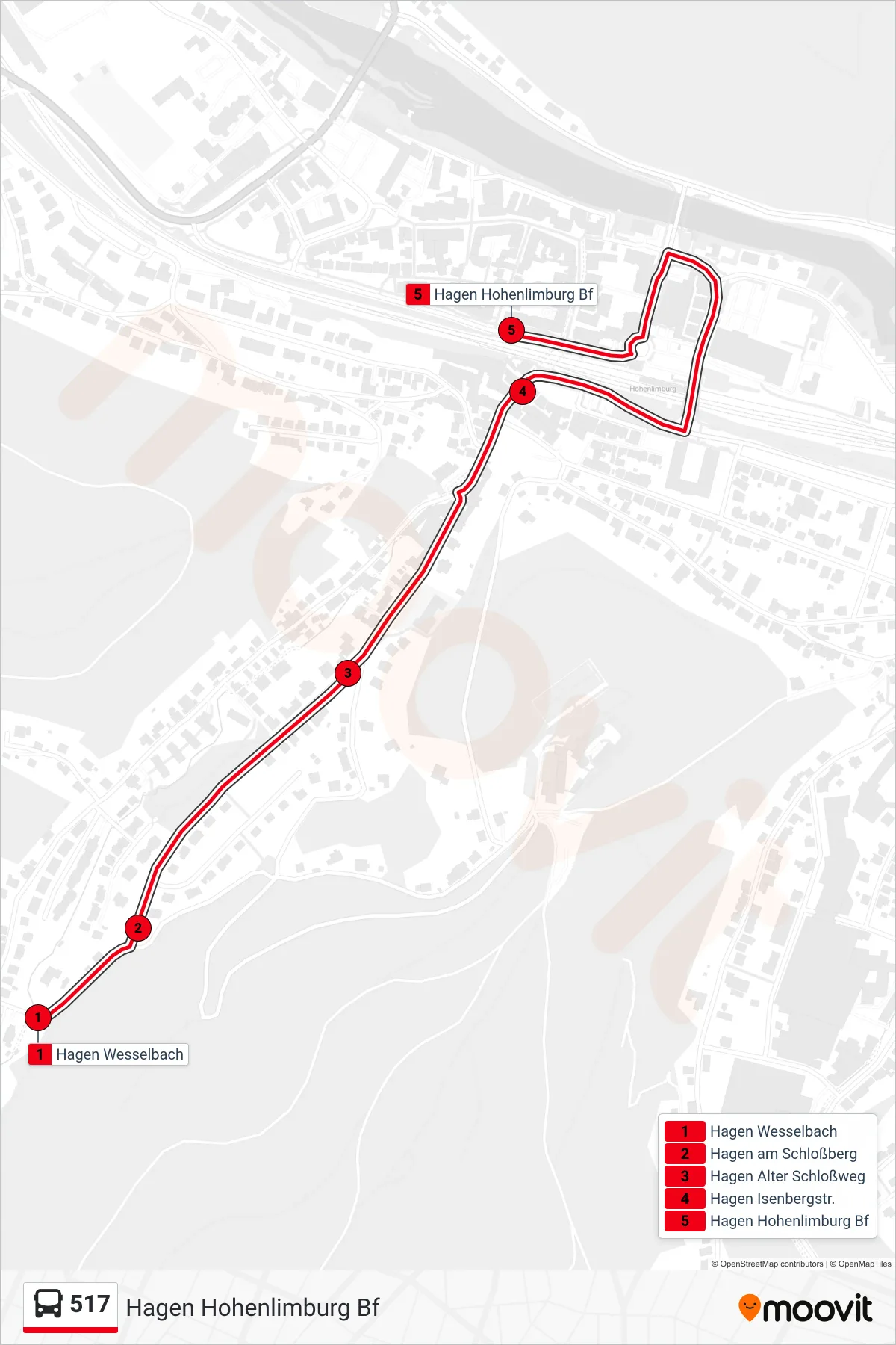 517 bus Line (Hagen Hohenlimburg Bf) route and stops on a map