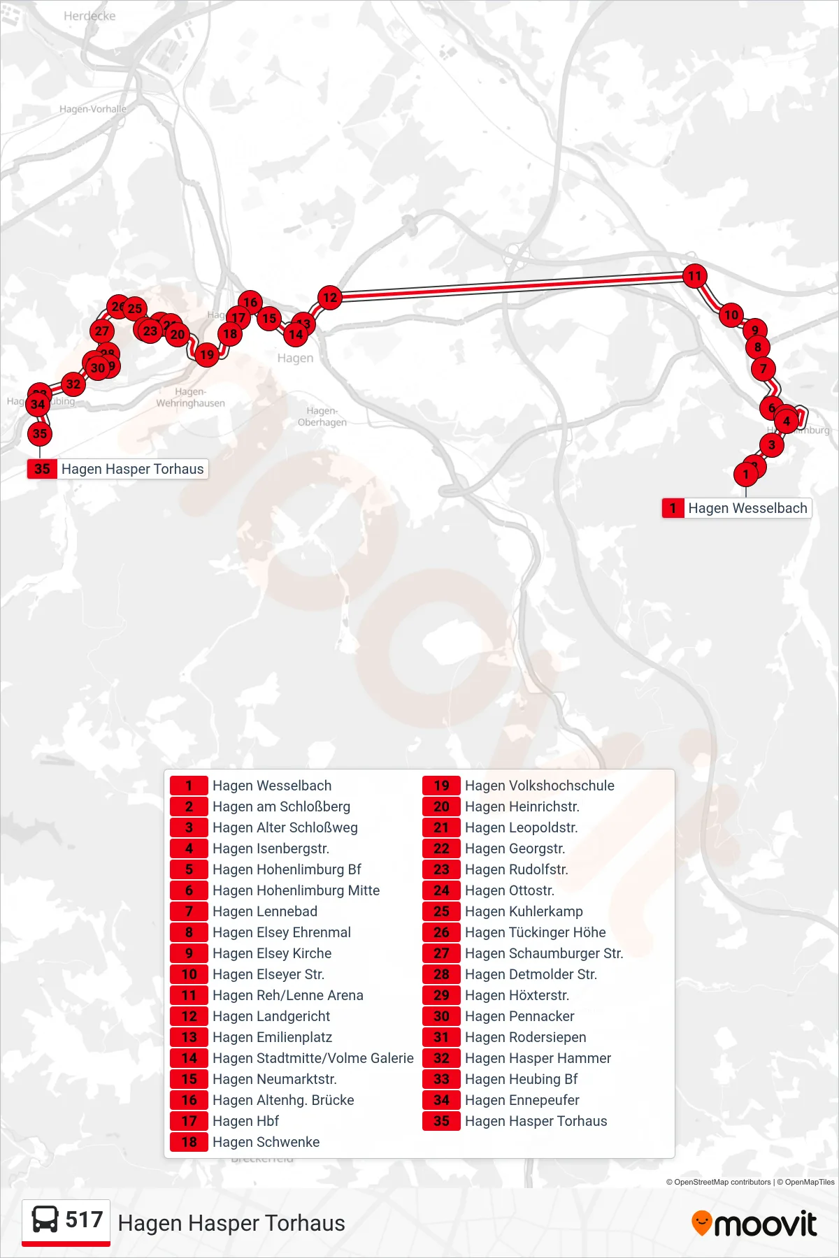 517 bus Line (Hagen Hasper Torhaus) route and stops on a map
