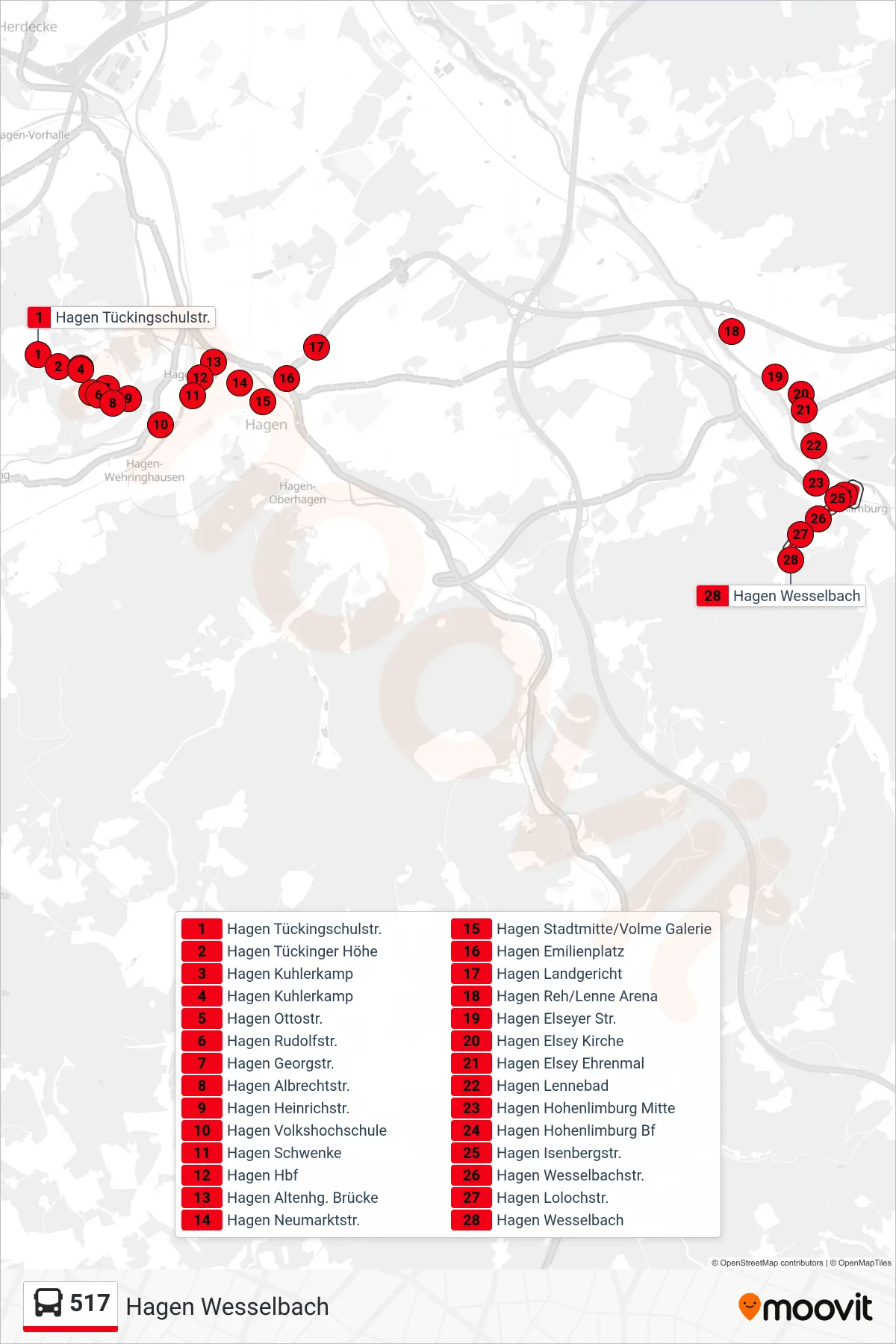 517 bus Line (Hagen Wesselbach) route and stops on a map