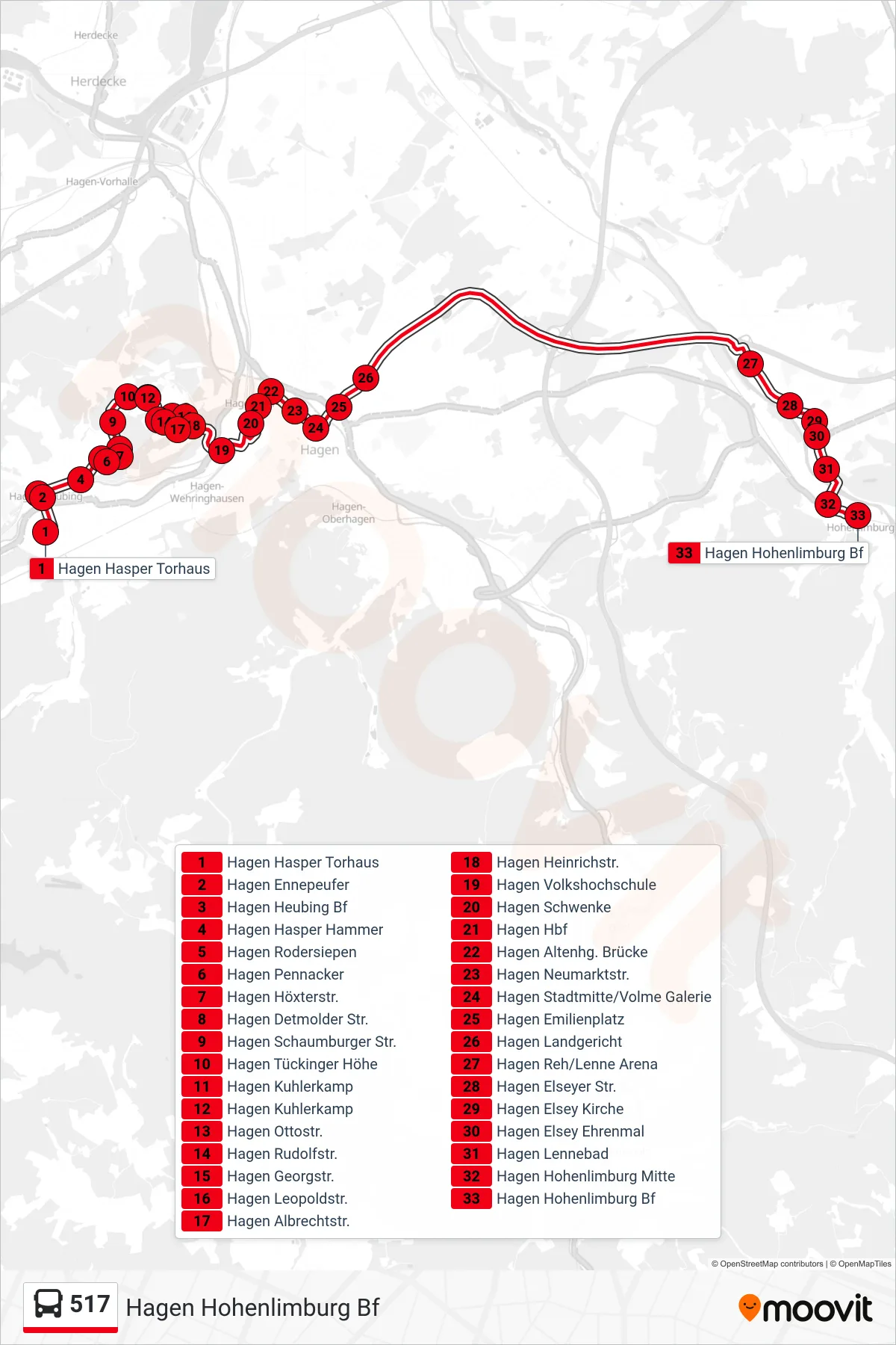 517 bus Line (Hagen Hohenlimburg Bf) route and stops on a map
