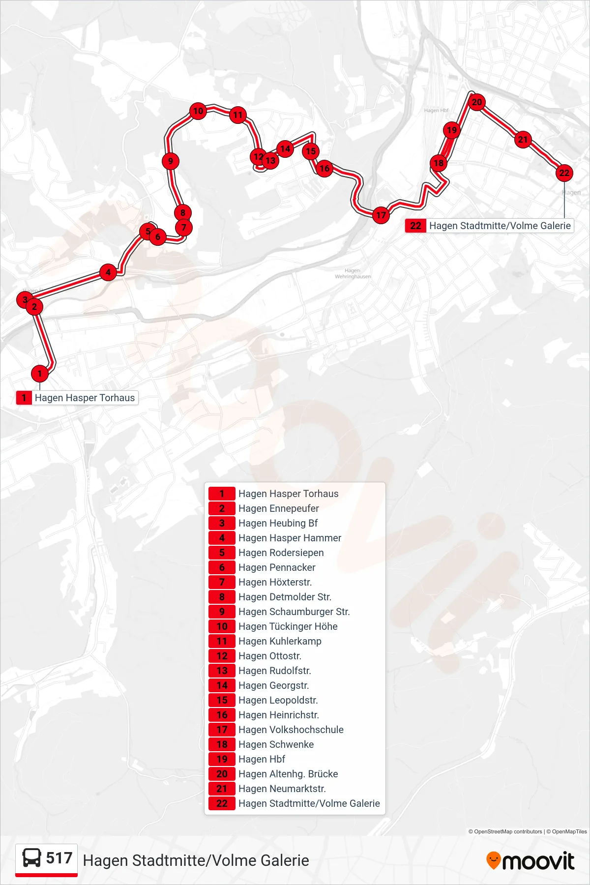 517 bus Line (Hagen Stadtmitte/Volme Galerie) route and stops on a map