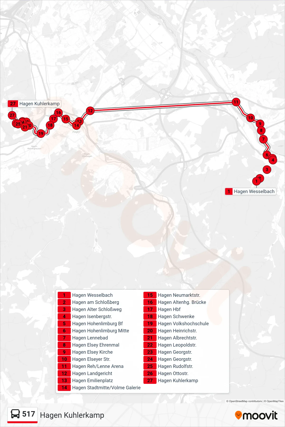 517 bus Line (Hagen Kuhlerkamp) route and stops on a map