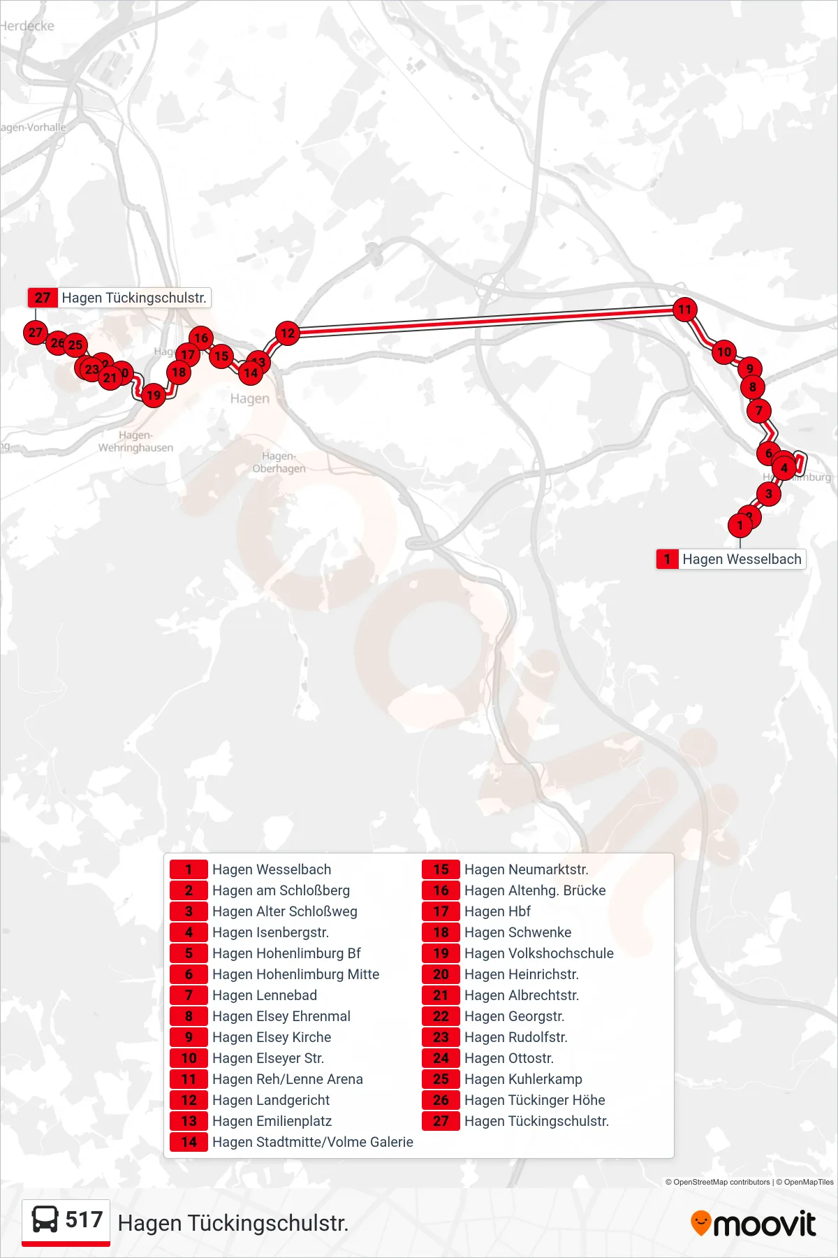 517 bus Line (Hagen Tückingschulstr.) route and stops on a map