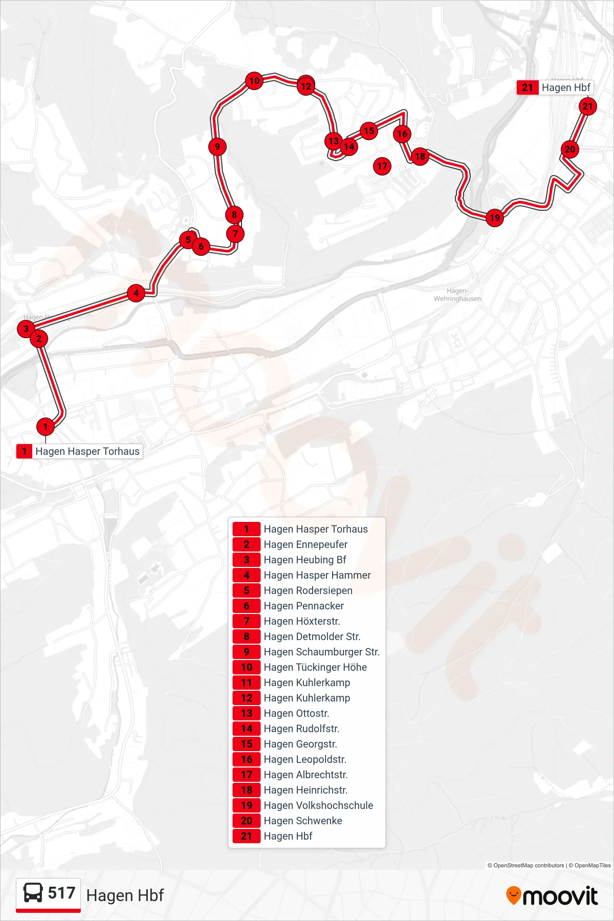 517 bus Line (Hagen Hbf) route and stops on a map