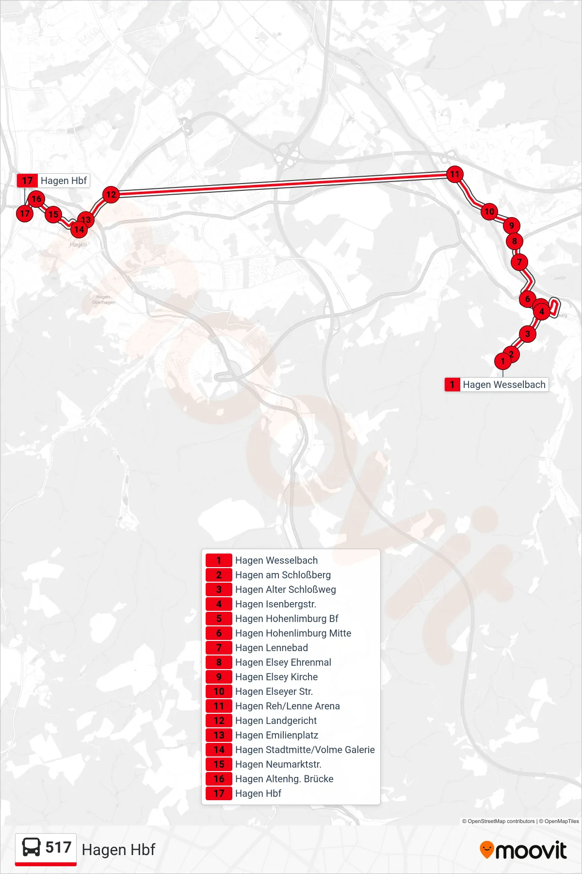 Linie 517 (Bus) Richtung Hagen Hbf: Route und Haltestellen auf der Karte