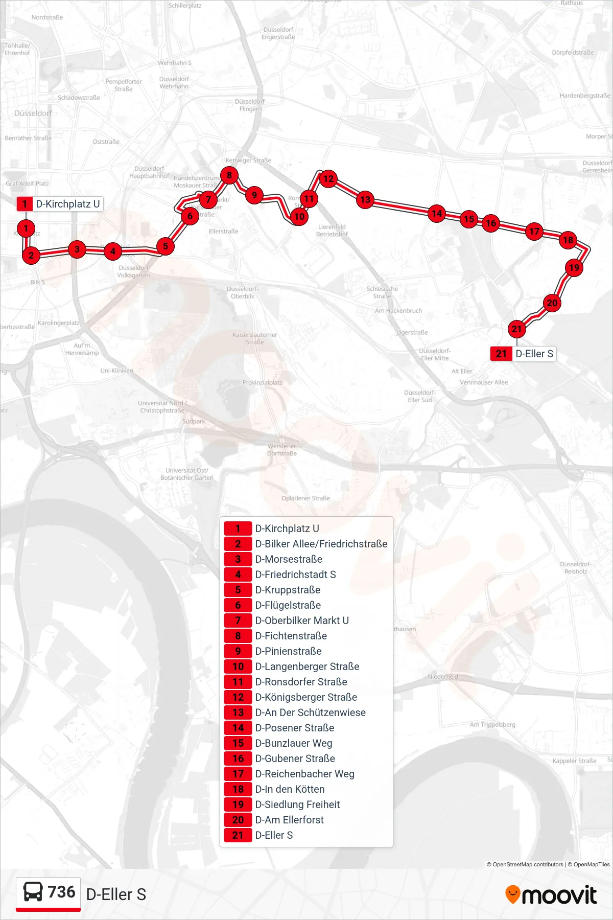 736 bus Line (D-Eller S) route and stops on a map