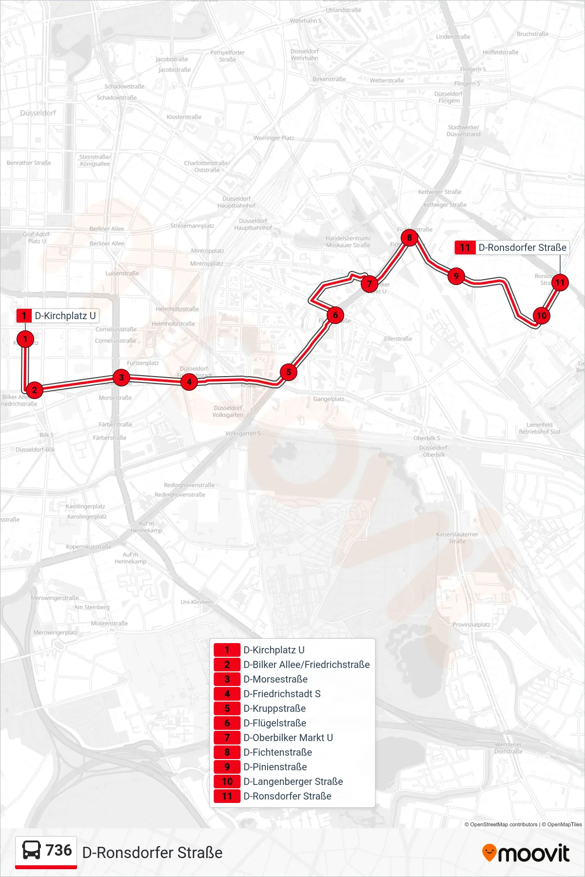 Linie 736 (Bus) Richtung D-Ronsdorfer Straße: Route und Haltestellen auf der Karte