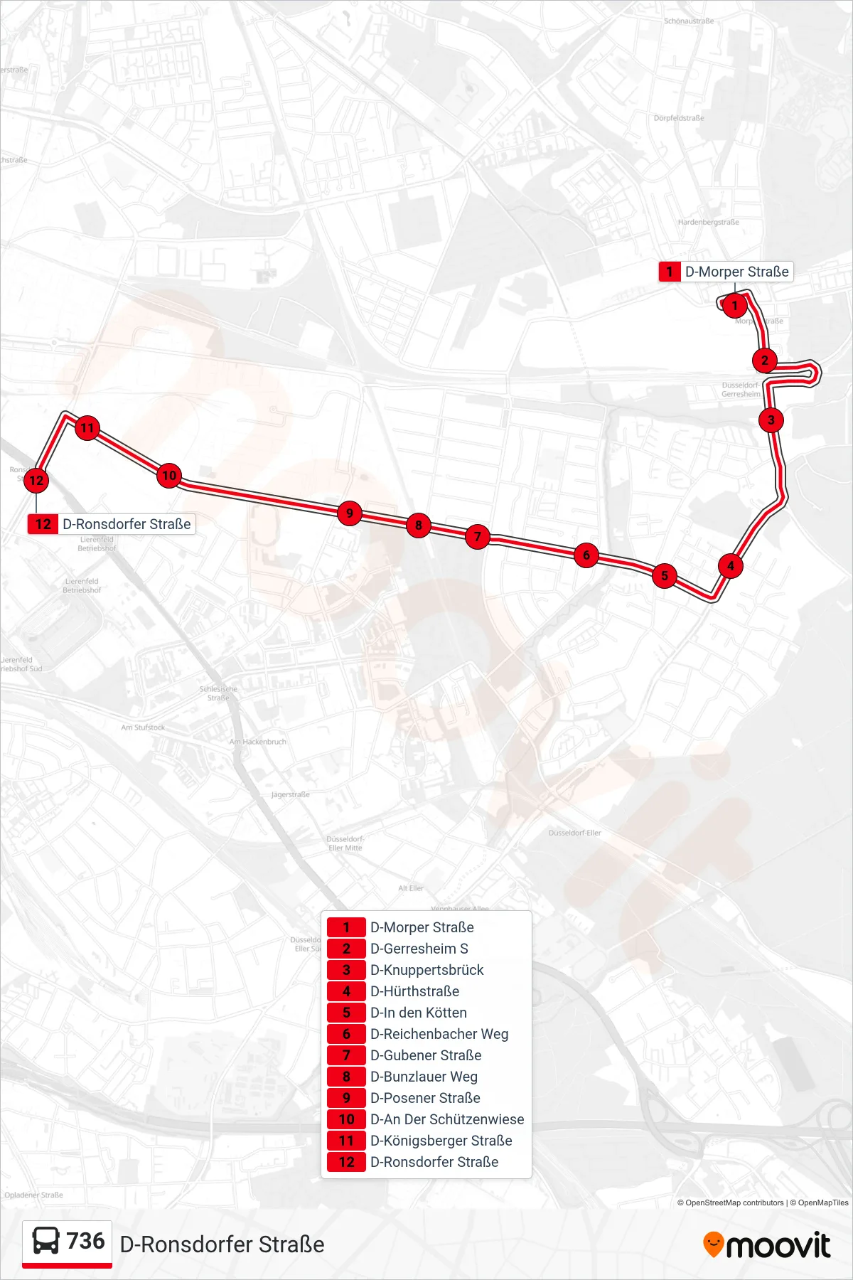 Linie 736 (Bus) Richtung D-Ronsdorfer Straße: Route und Haltestellen auf der Karte