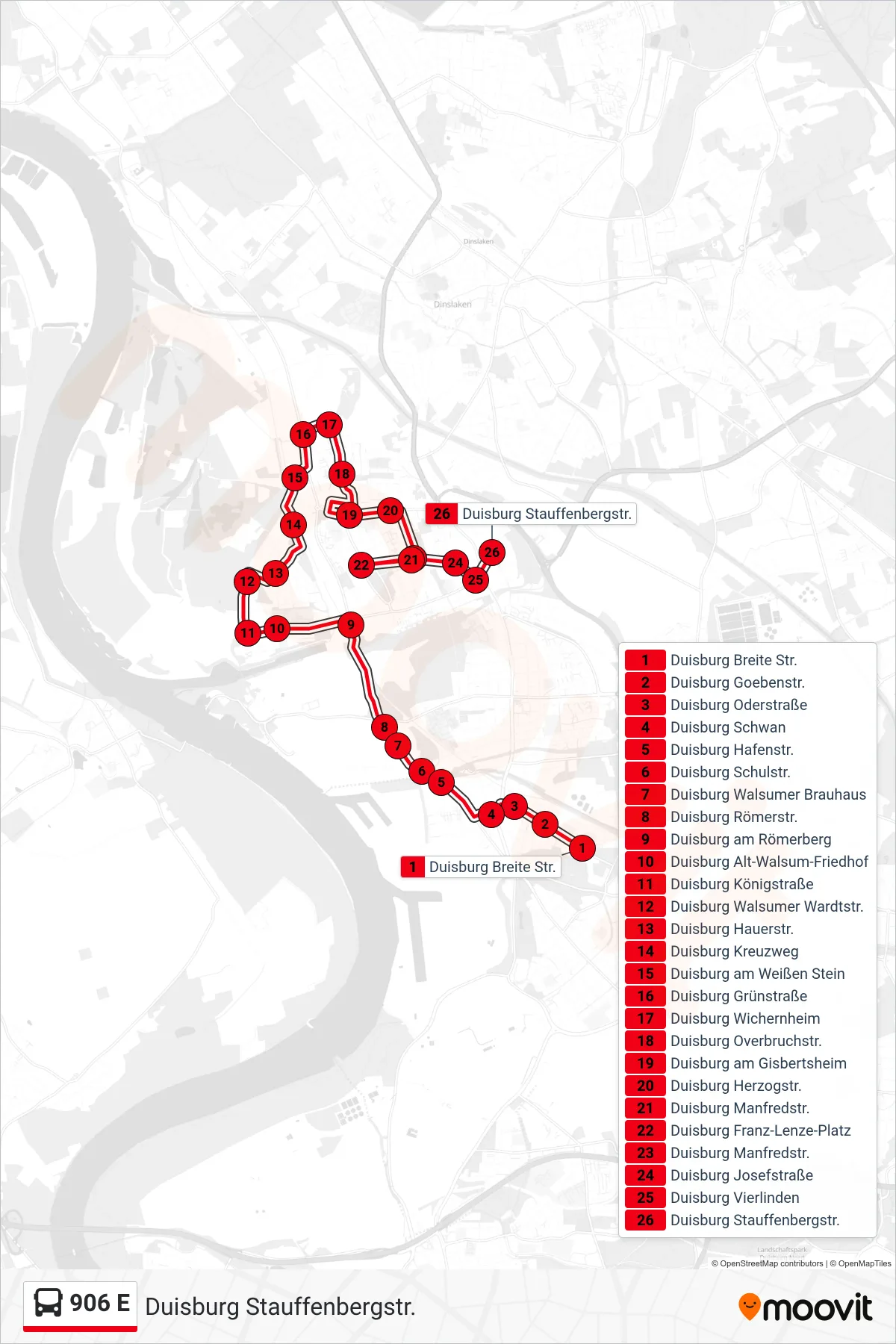 906 E bus Line (Duisburg Stauffenbergstr.) route and stops on a map
