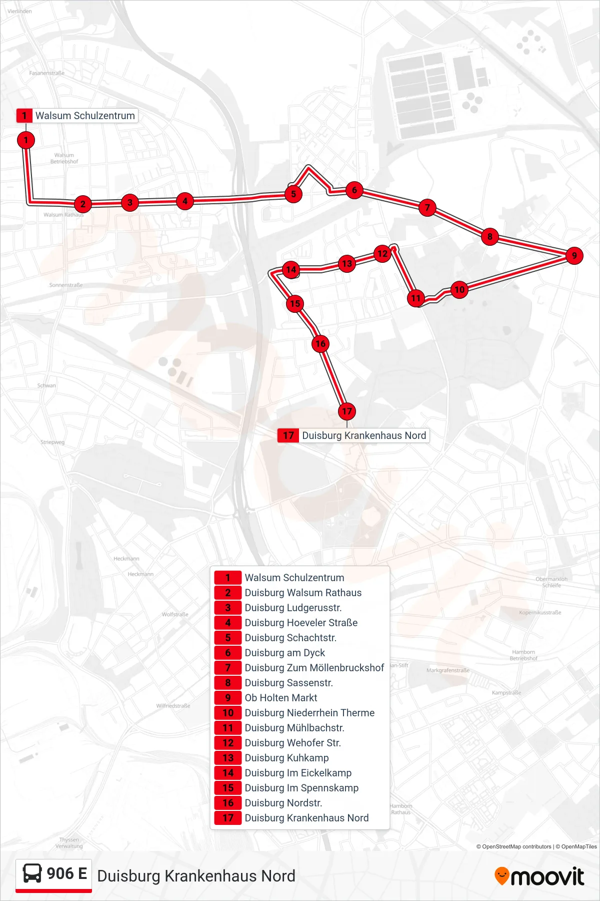 Linie 906 E (Bus) Richtung Duisburg Krankenhaus Nord: Route und Haltestellen auf der Karte