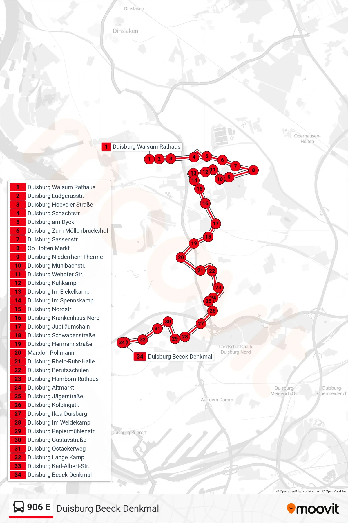 Linie 906 E (Bus) Richtung Duisburg Beeck Denkmal: Route und Haltestellen auf der Karte