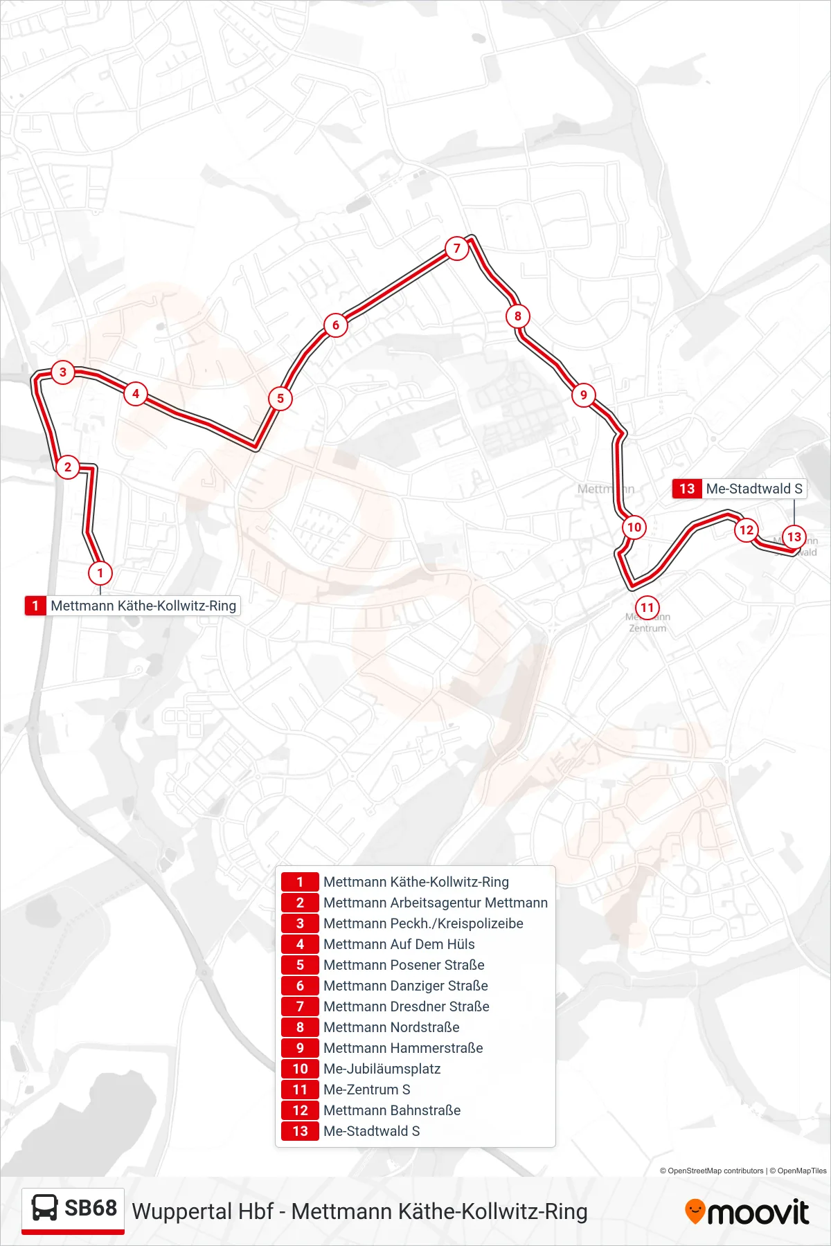 Linie SB68 (Bus) Richtung Me-Stadtwald S: Route und Haltestellen auf der Karte