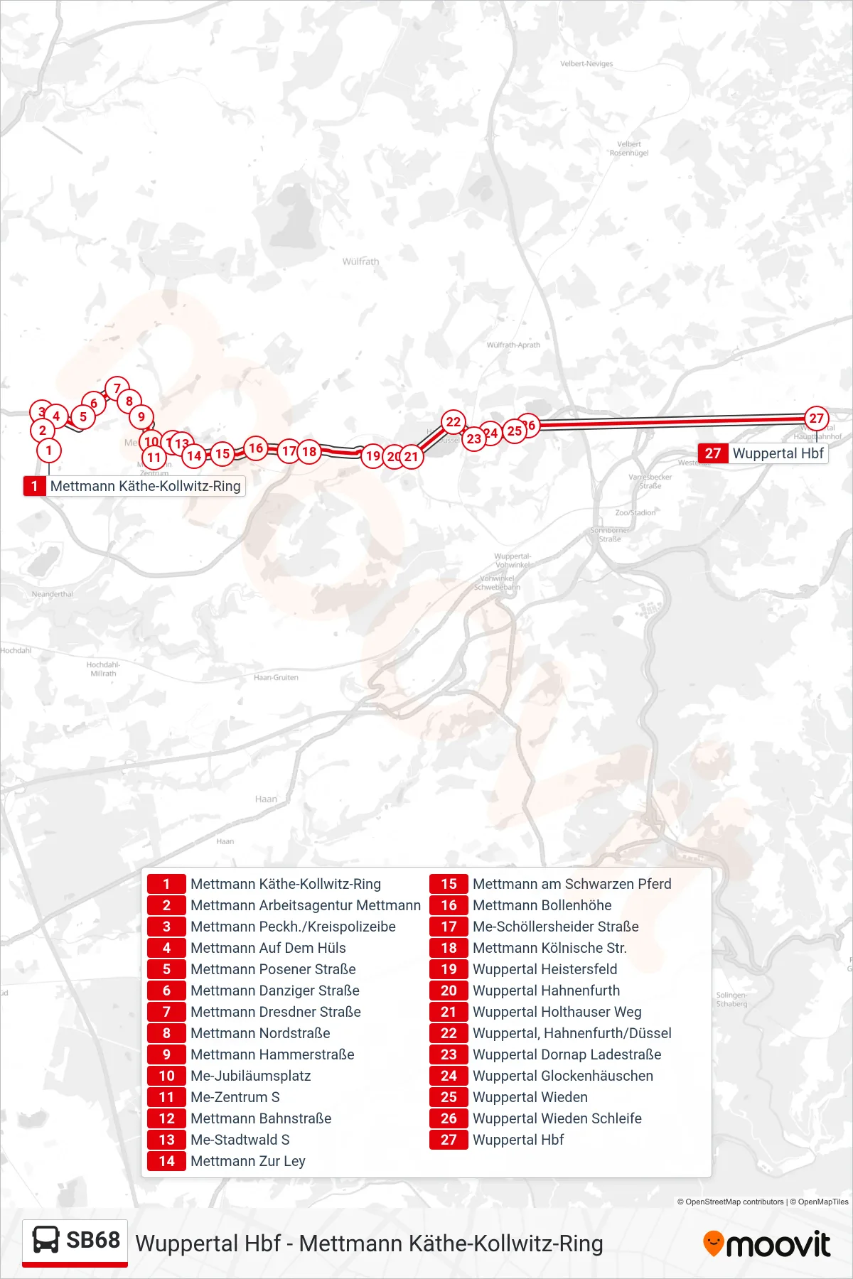 Linie SB68 (Bus) Richtung Wuppertal Hbf: Route und Haltestellen auf der Karte