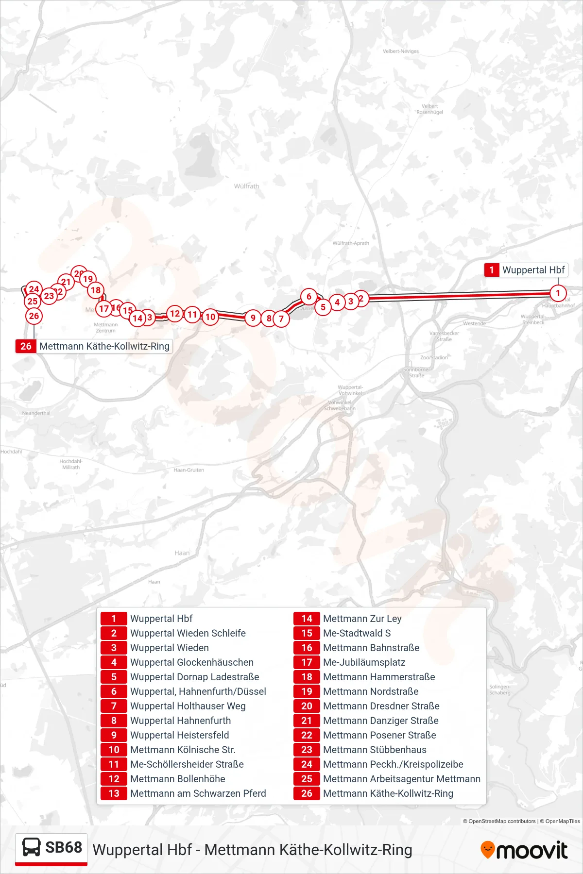 Linie SB68 (Bus) Richtung Mettmann Käthe-Kollwitz-Ring: Route und Haltestellen auf der Karte