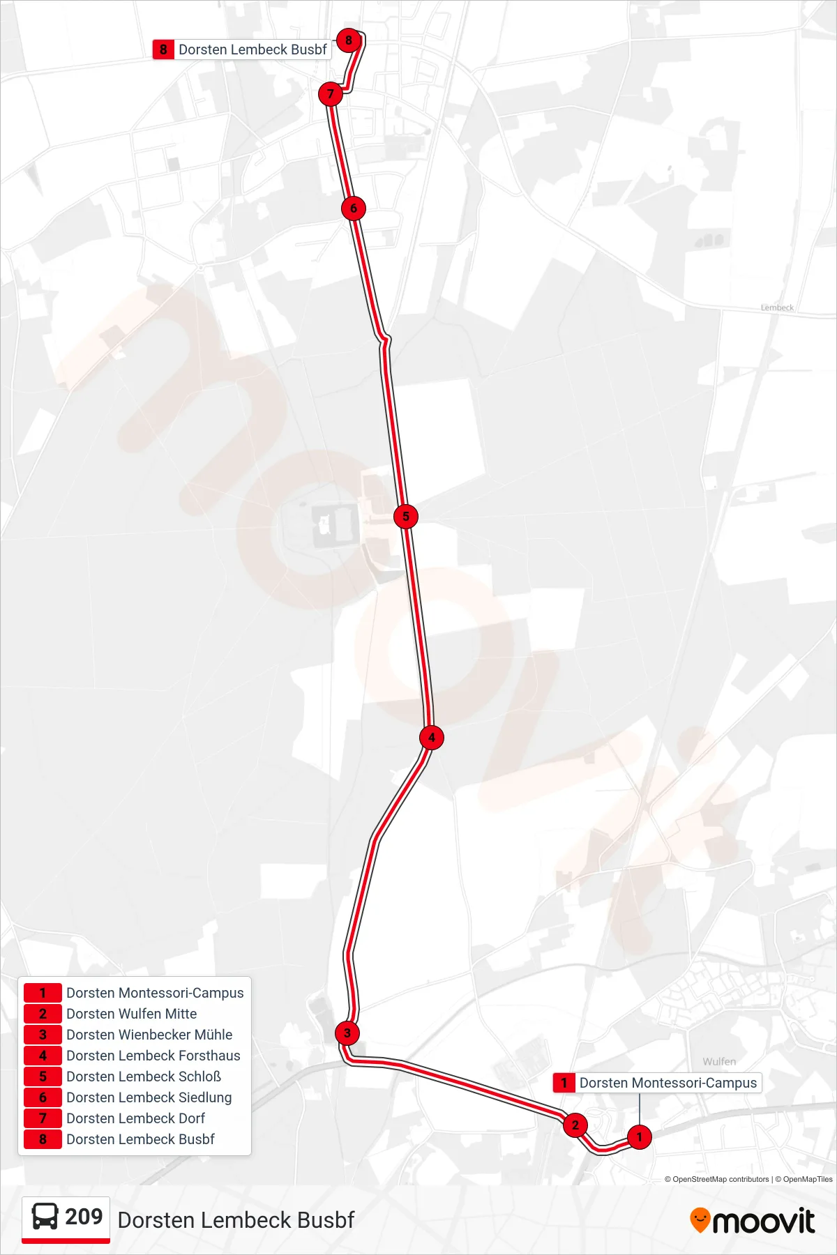 Linie 209 (Bus) Richtung Dorsten Lembeck Busbf: Route und Haltestellen auf der Karte