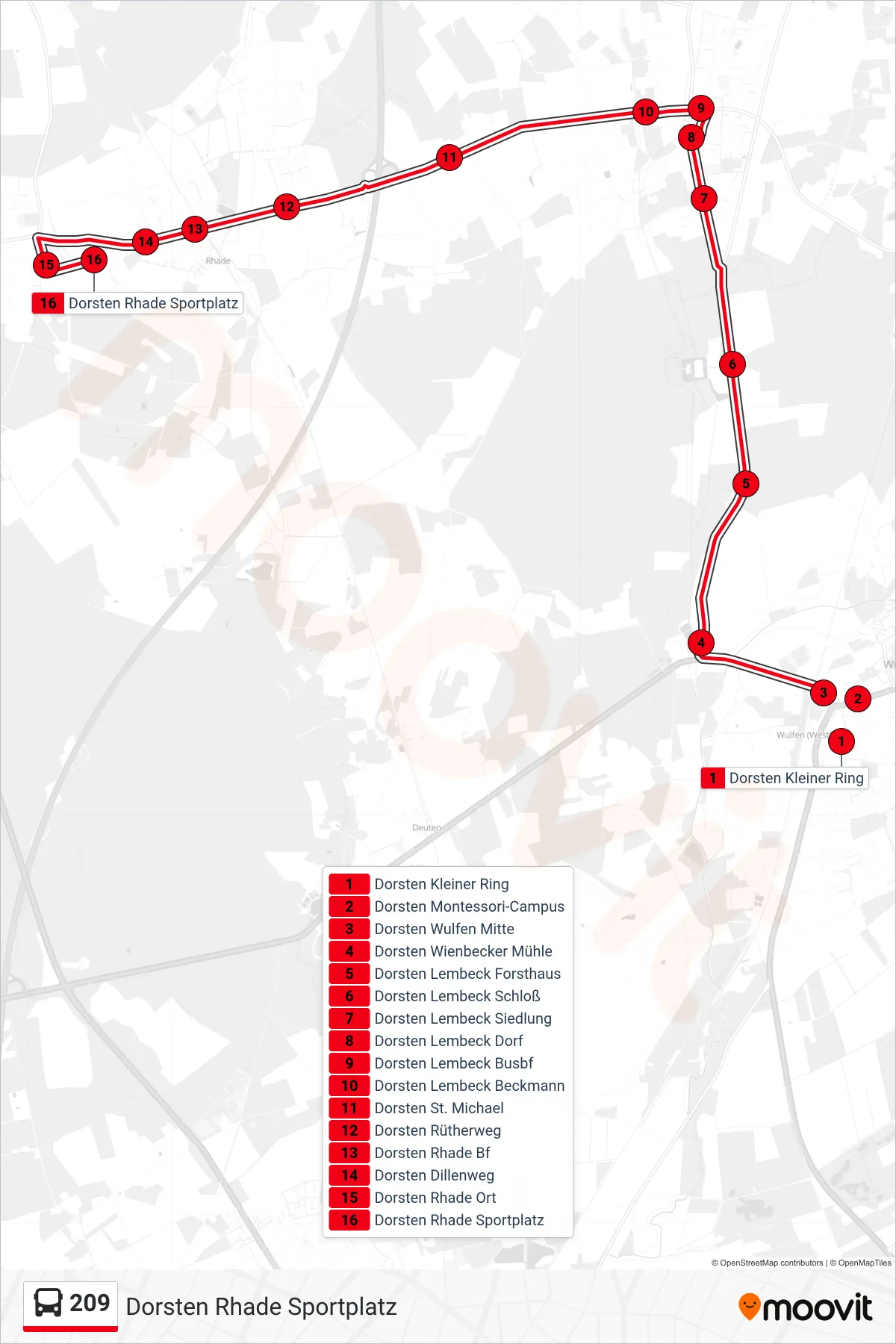 Linie 209 (Bus) Richtung Dorsten Rhade Sportplatz: Route und Haltestellen auf der Karte
