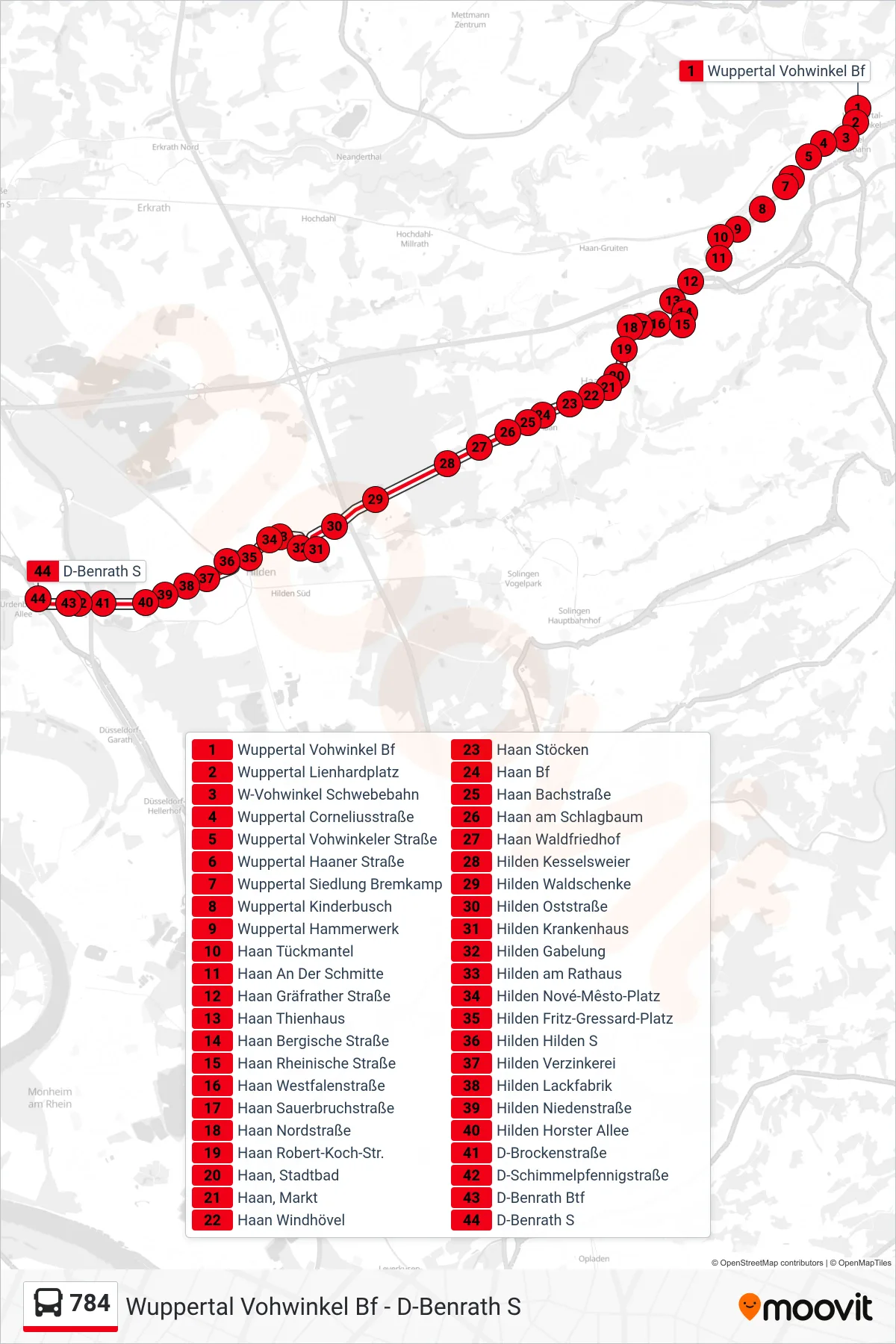 Linie 784 (Bus) Richtung D-Benrath S: Route und Haltestellen auf der Karte