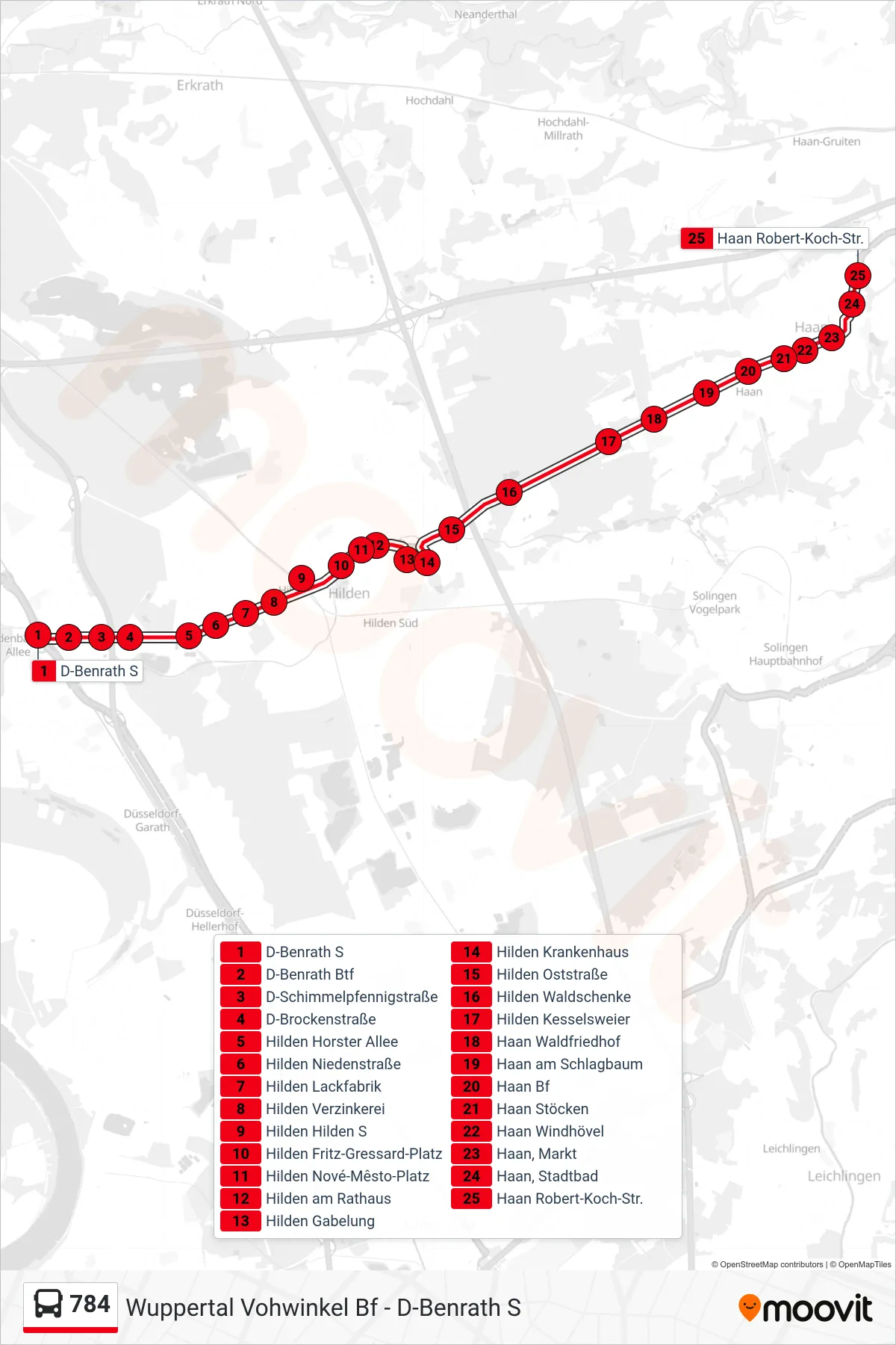 Linie 784 (Bus) Richtung Haan Robert-Koch-Str.: Route und Haltestellen auf der Karte