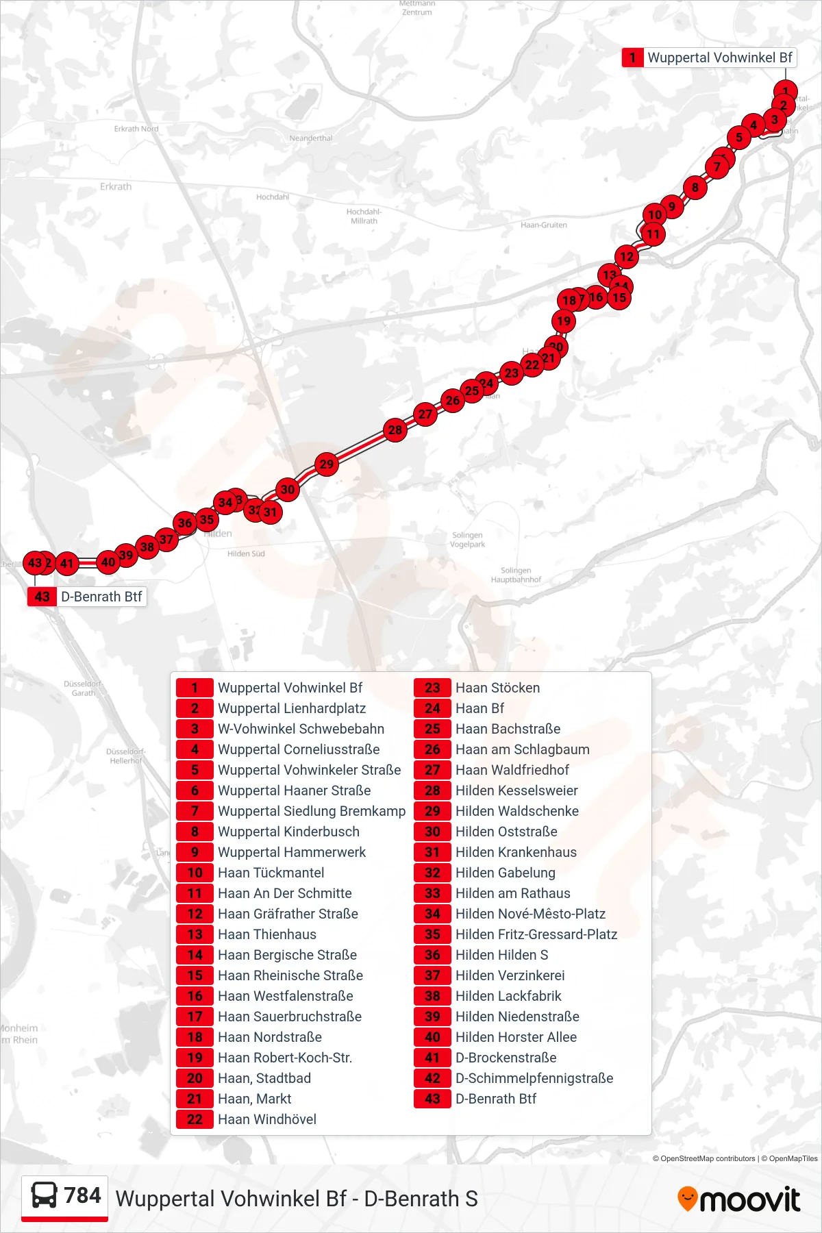 Linie 784 (Bus) Richtung D-Benrath Btf: Route und Haltestellen auf der Karte