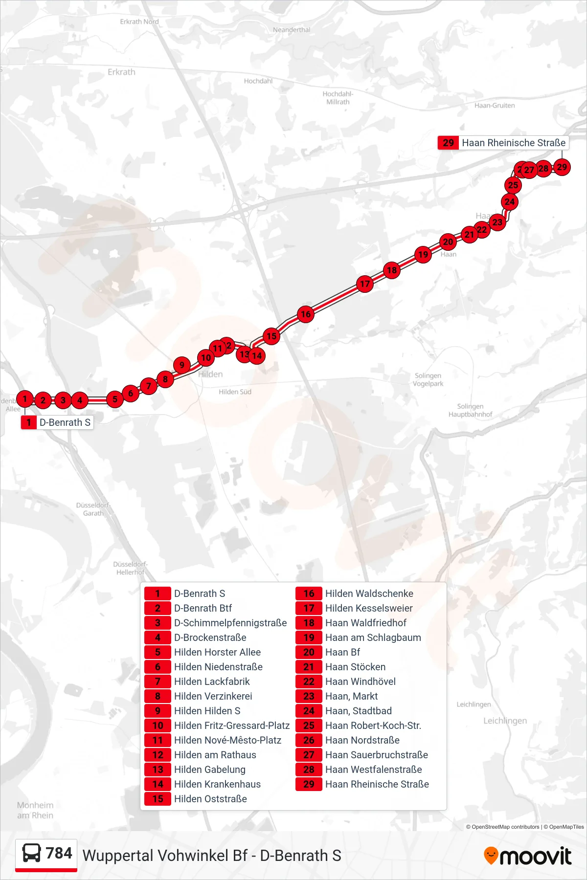 Linie 784 (Bus) Richtung Haan Rheinische Straße: Route und Haltestellen auf der Karte
