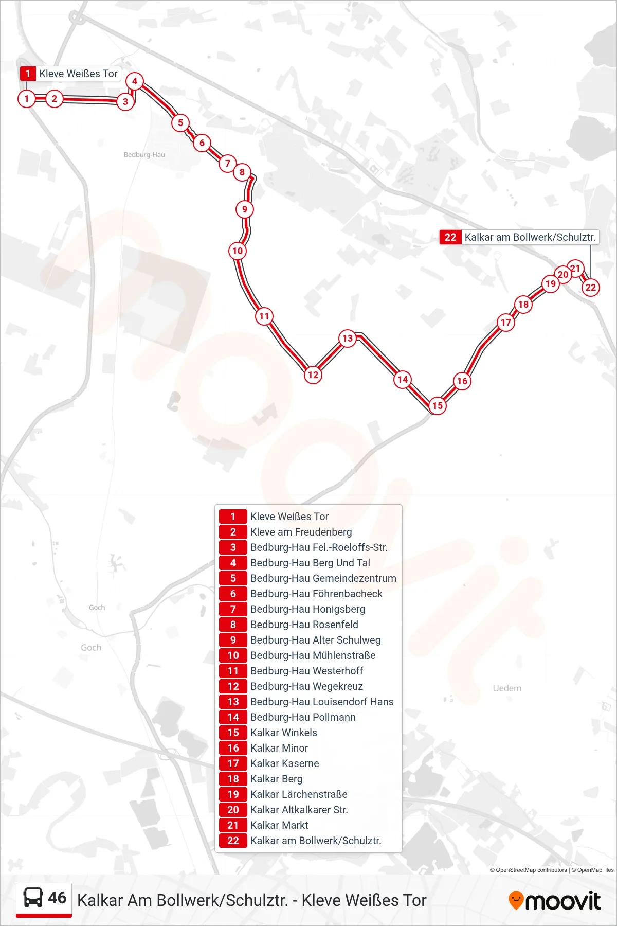 46 bus Line (Kalkar am Bollwerk/Schulztr.) route and stops on a map