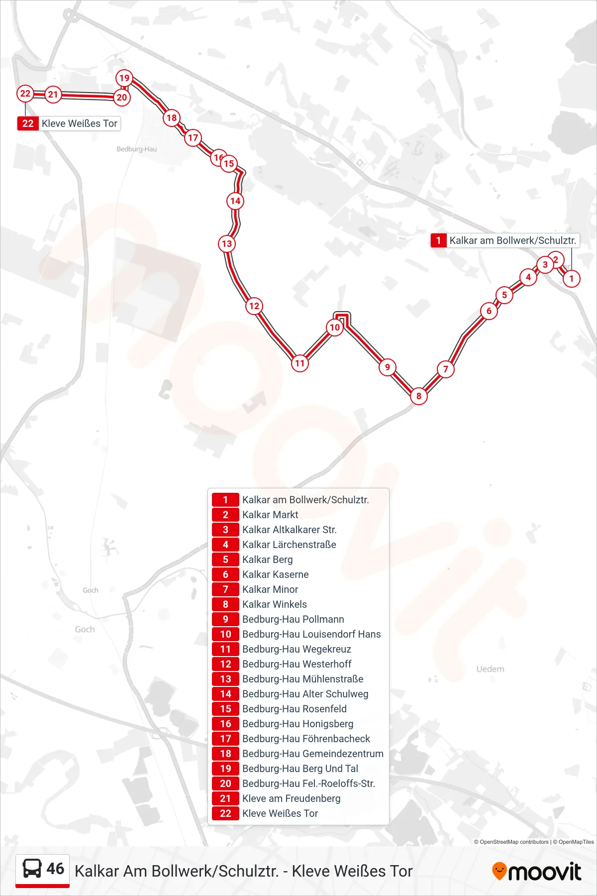 Linie 46 (Bus) Richtung Kleve Weißes Tor: Route und Haltestellen auf der Karte