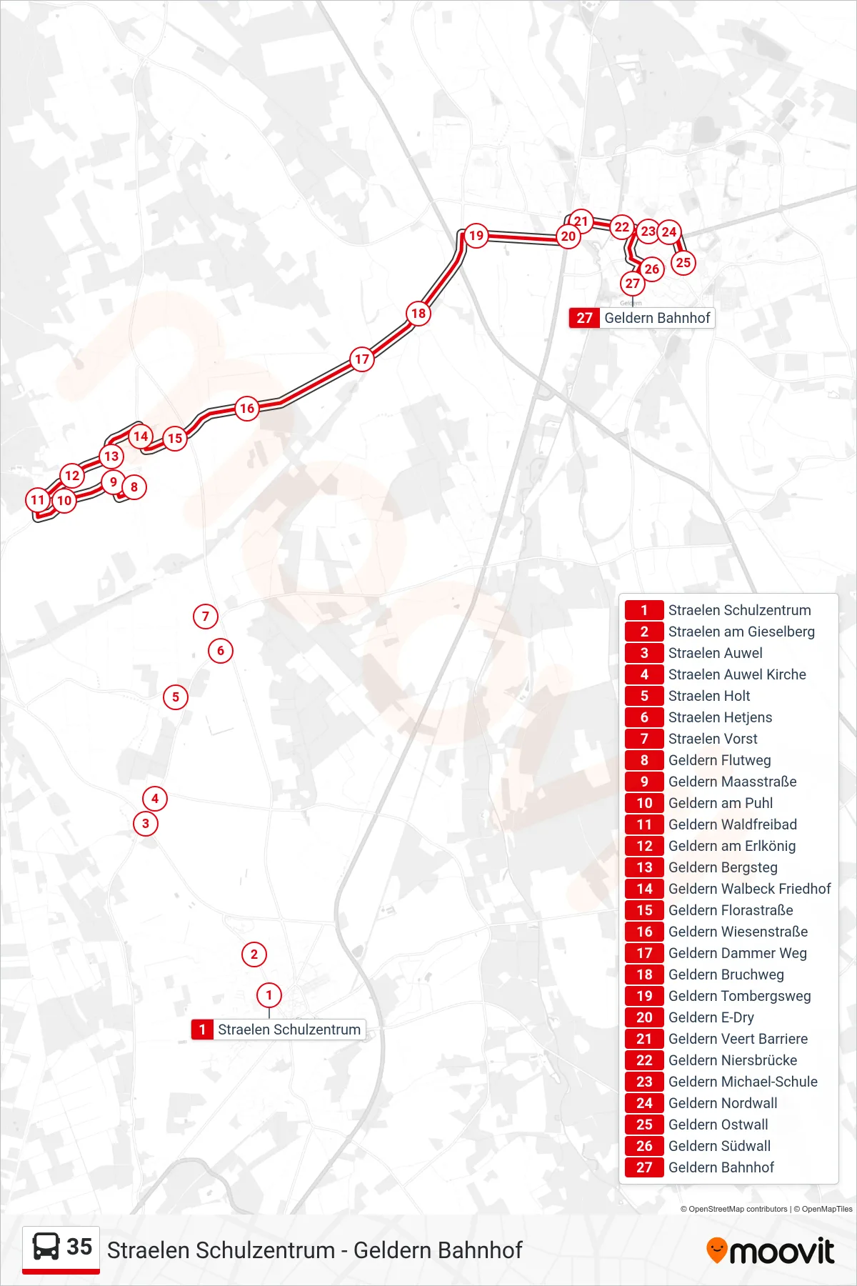 Linie 35 (Bus) Richtung Geldern Bahnhof: Route und Haltestellen auf der Karte