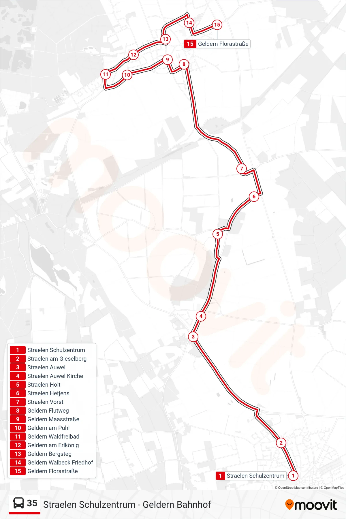 Linie 35 (Bus) Richtung Geldern Florastraße: Route und Haltestellen auf der Karte