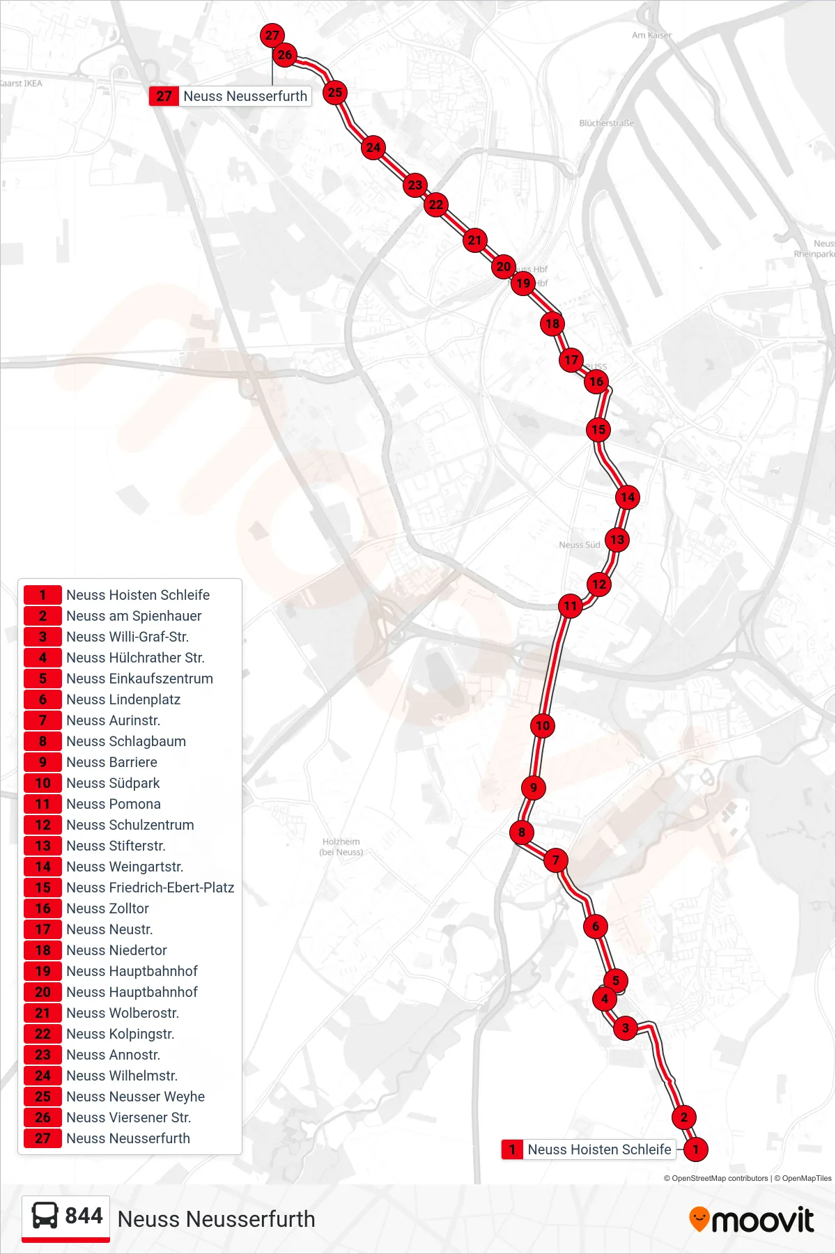 844 bus Line (Neuss Neusserfurth) route and stops on a map