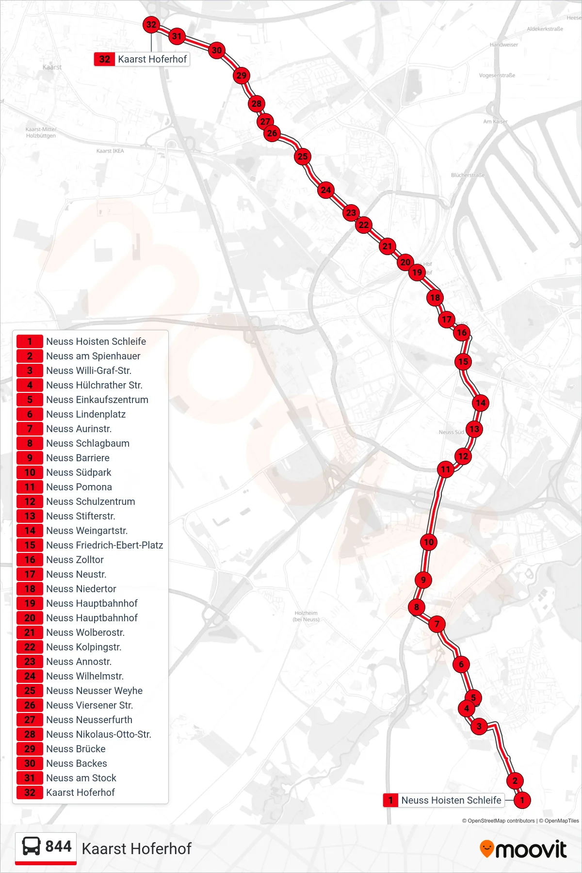Linie 844 (Bus) Richtung Kaarst Hoferhof: Route und Haltestellen auf der Karte