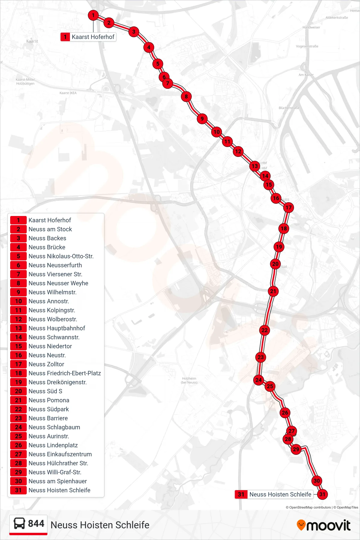 844 bus Line (Neuss Hoisten Schleife) route and stops on a map
