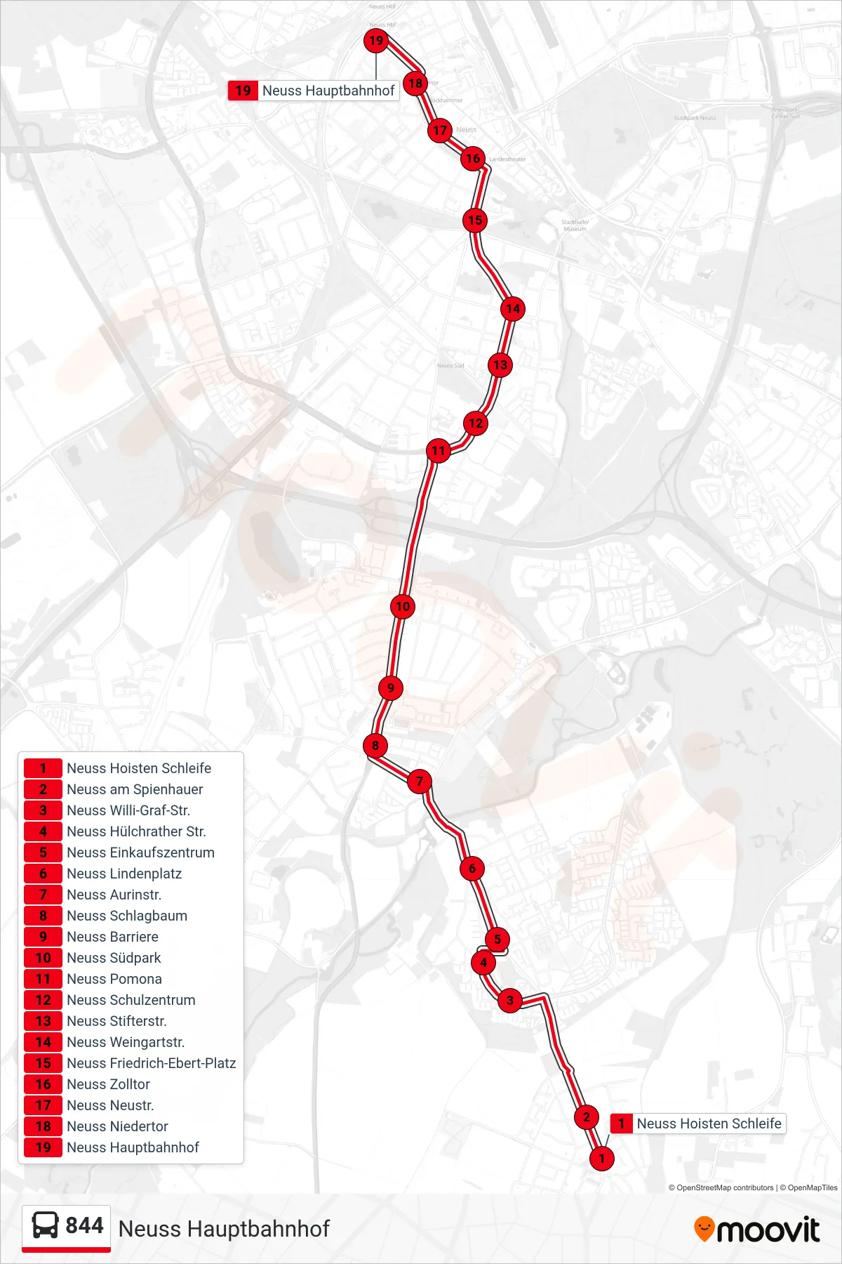 844 bus Line (Neuss Hauptbahnhof) route and stops on a map