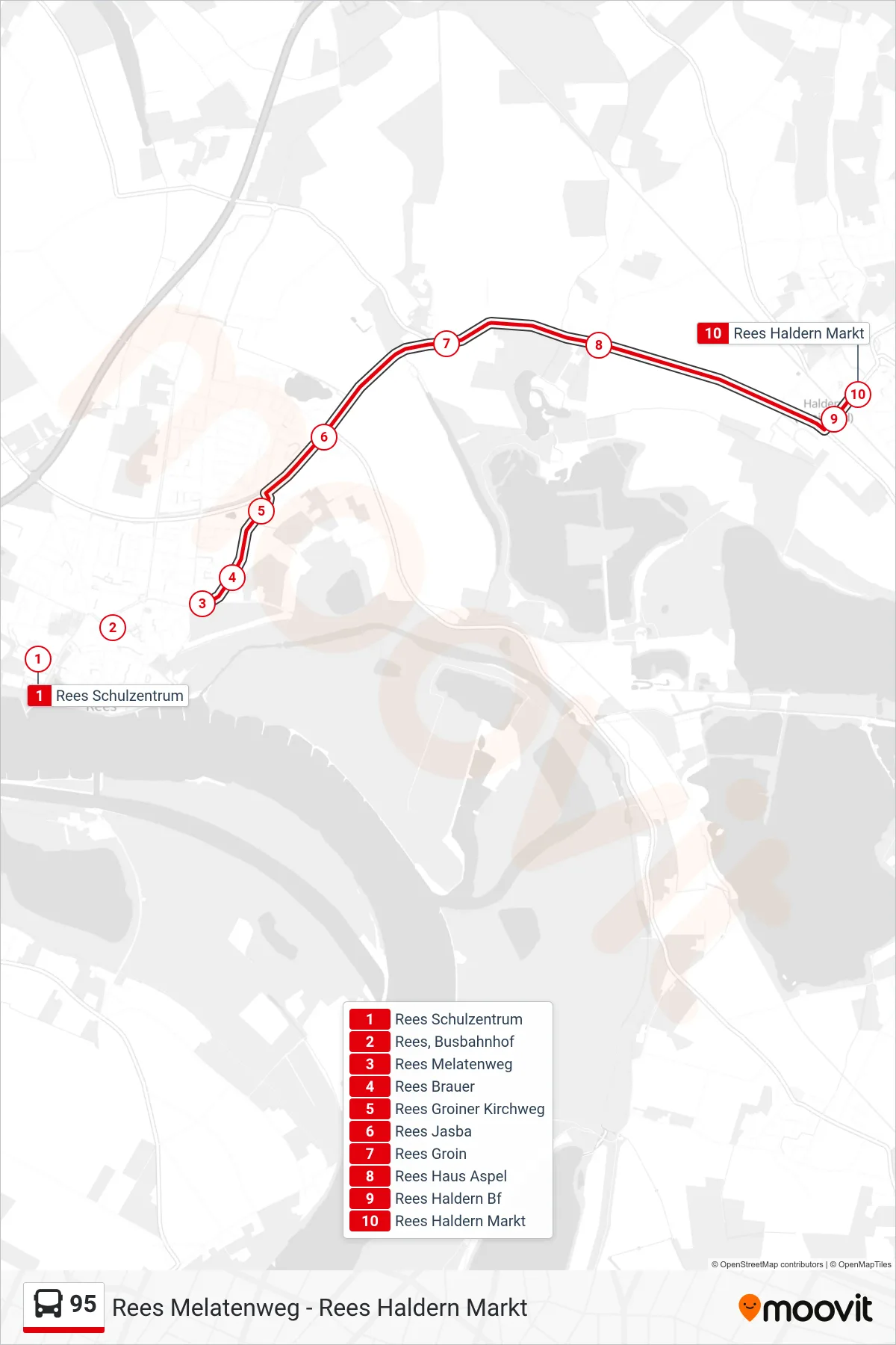 Linie 95 (Bus) Richtung Rees Haldern Markt: Route und Haltestellen auf der Karte