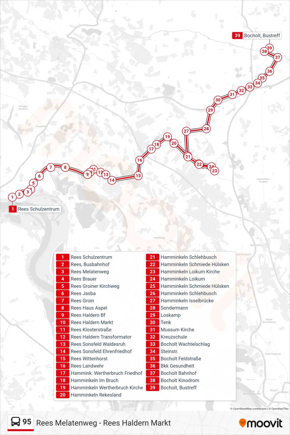 95 bus Line (Bocholt Bustreff) route and stops on a map